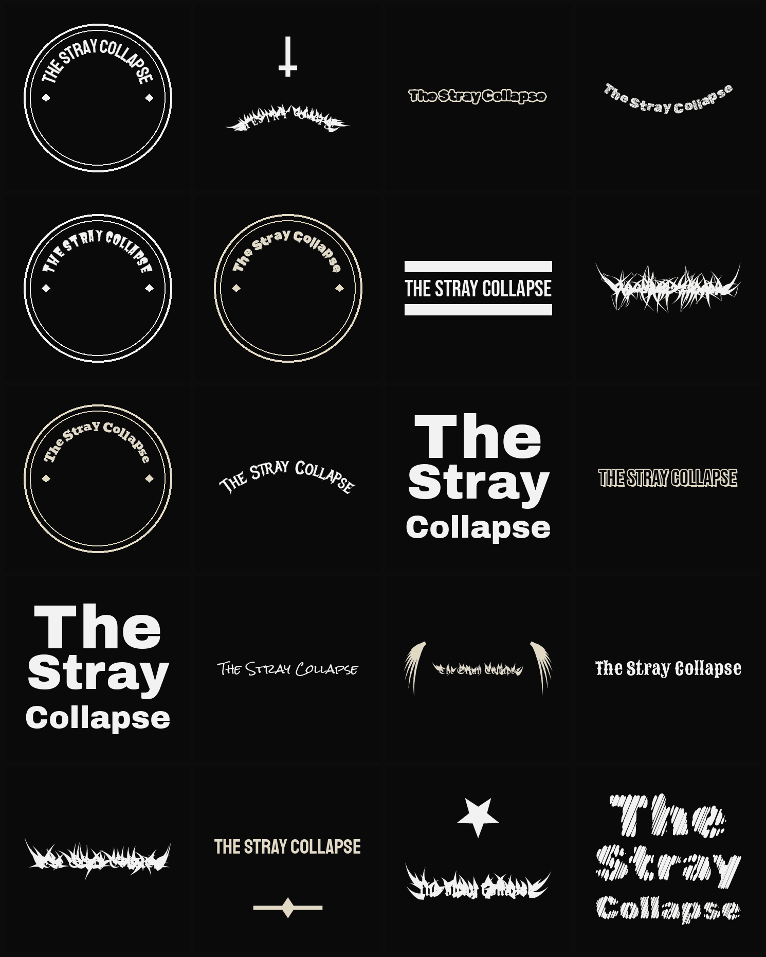 Twenty The Stray Collapse band logo ideas — different faces, treatments and spike settings