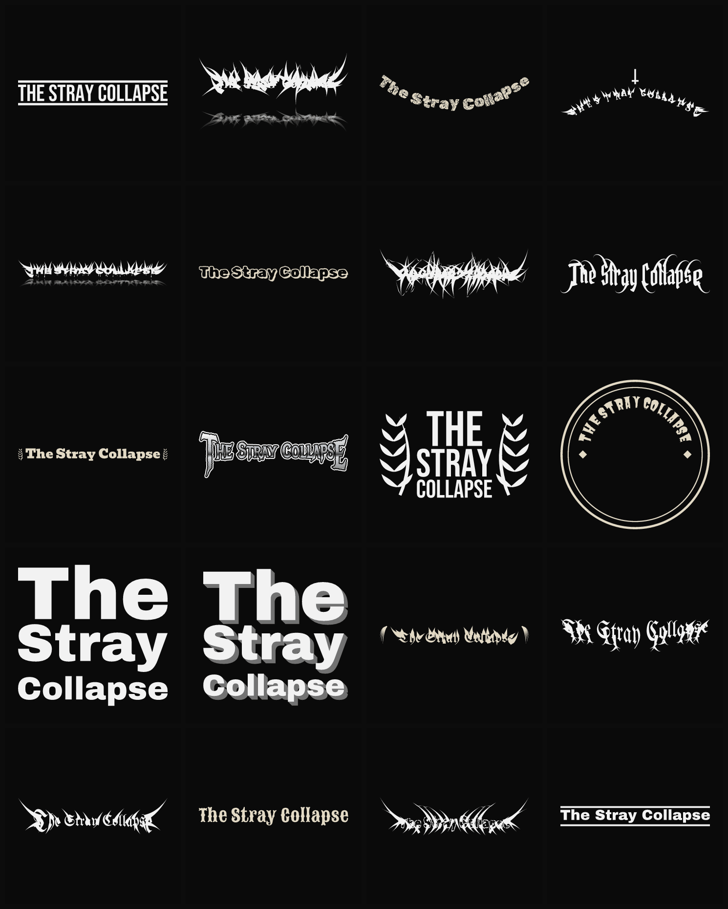 Twenty The Stray Collapse band logo ideas — different faces, treatments and spike settings