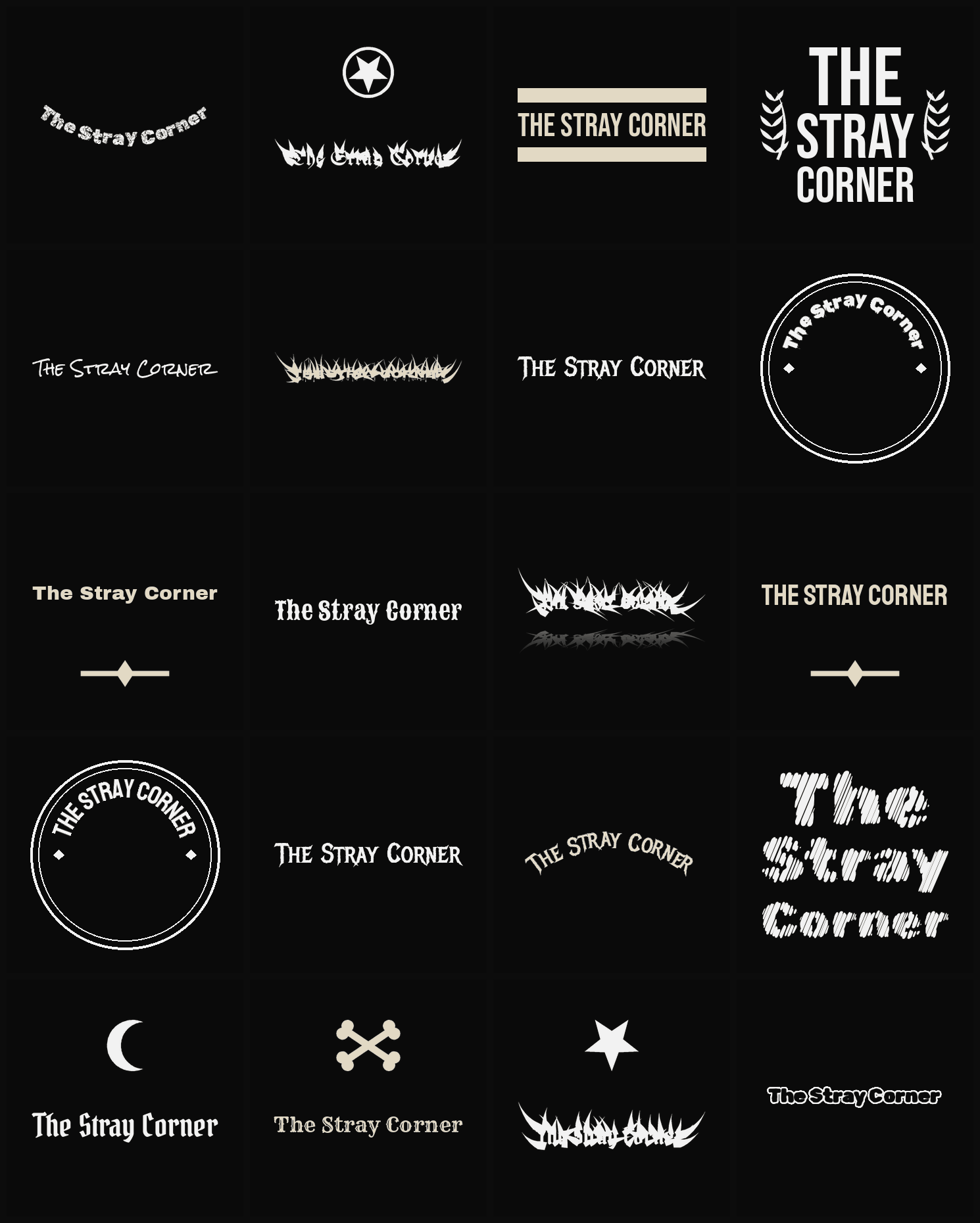 Twenty The Stray Corner band logo ideas — different faces, treatments and spike settings