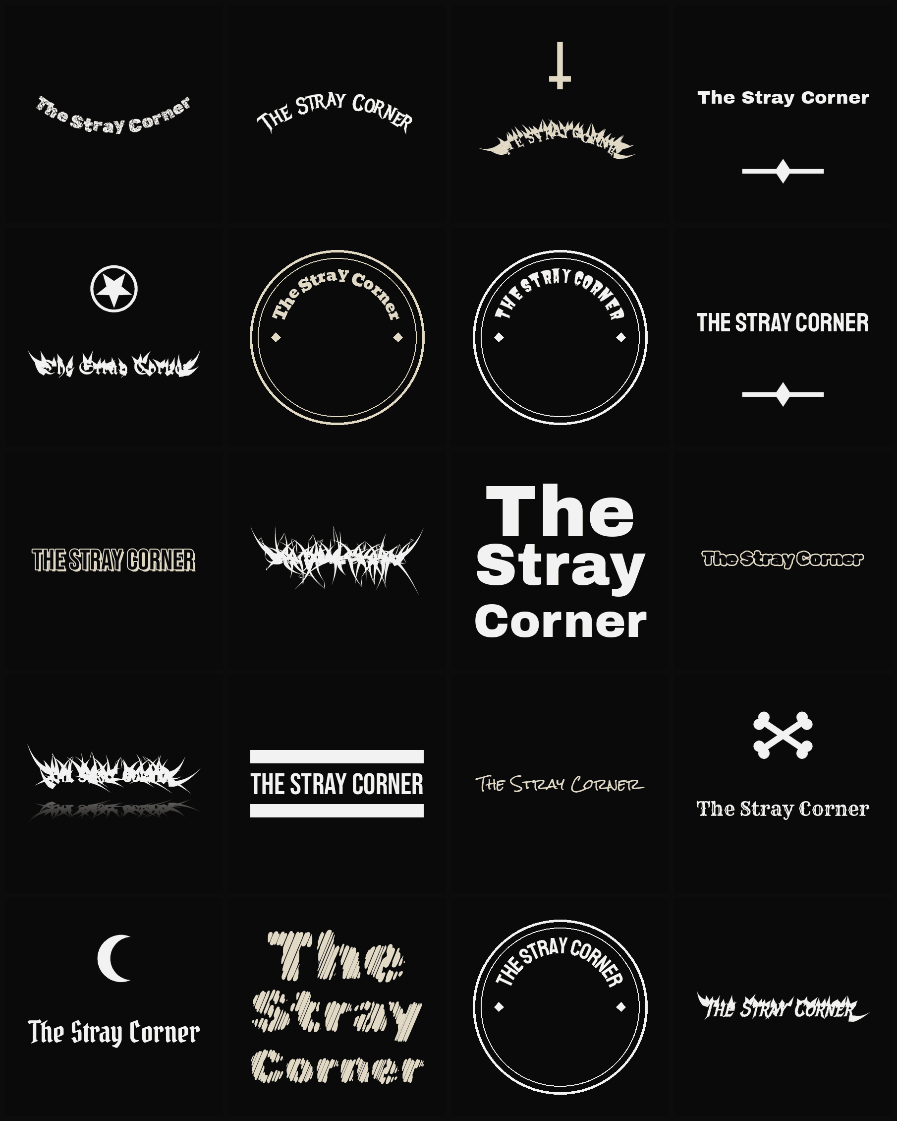 Twenty The Stray Corner band logo ideas — different faces, treatments and spike settings