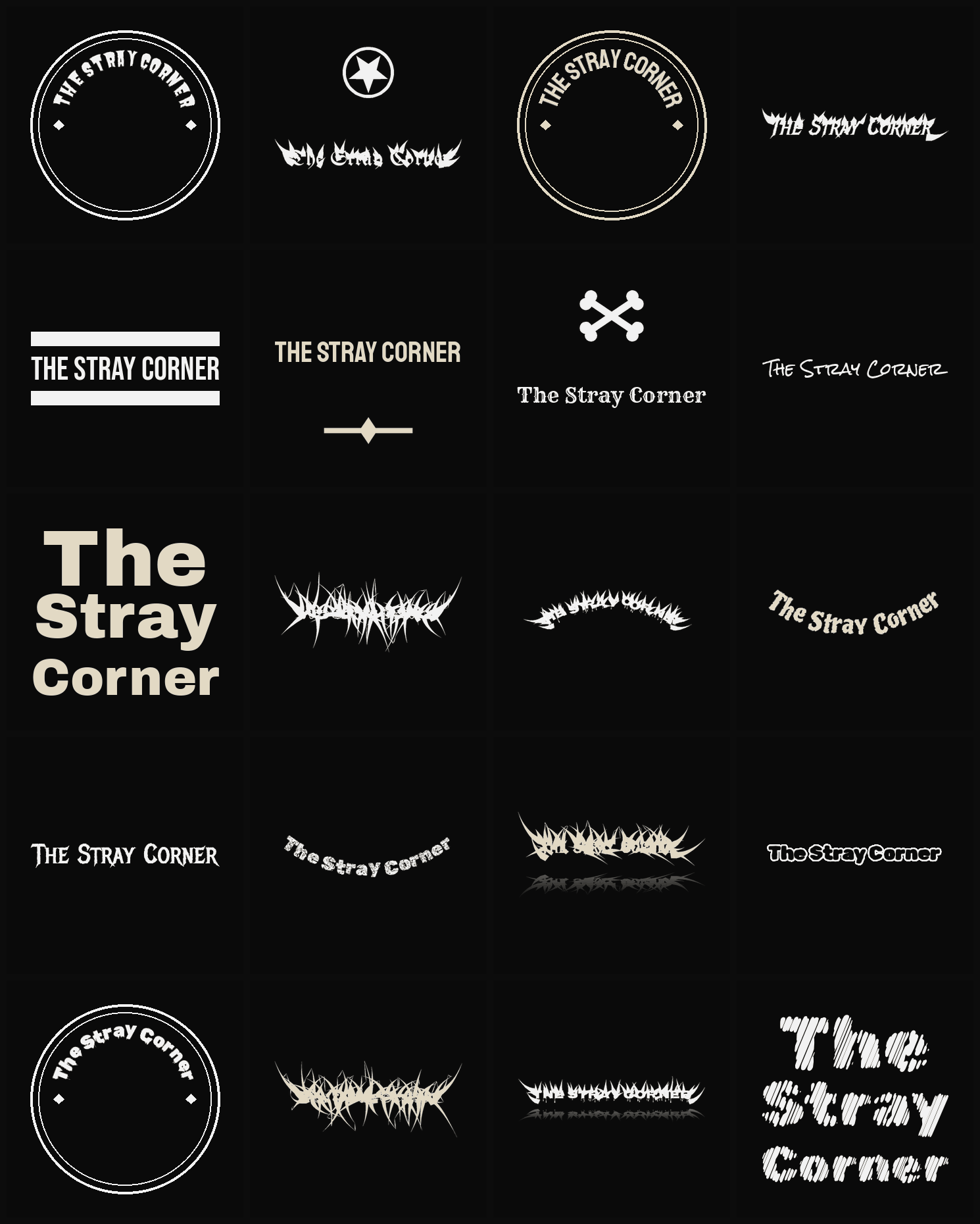 Twenty The Stray Corner band logo ideas — different faces, treatments and spike settings