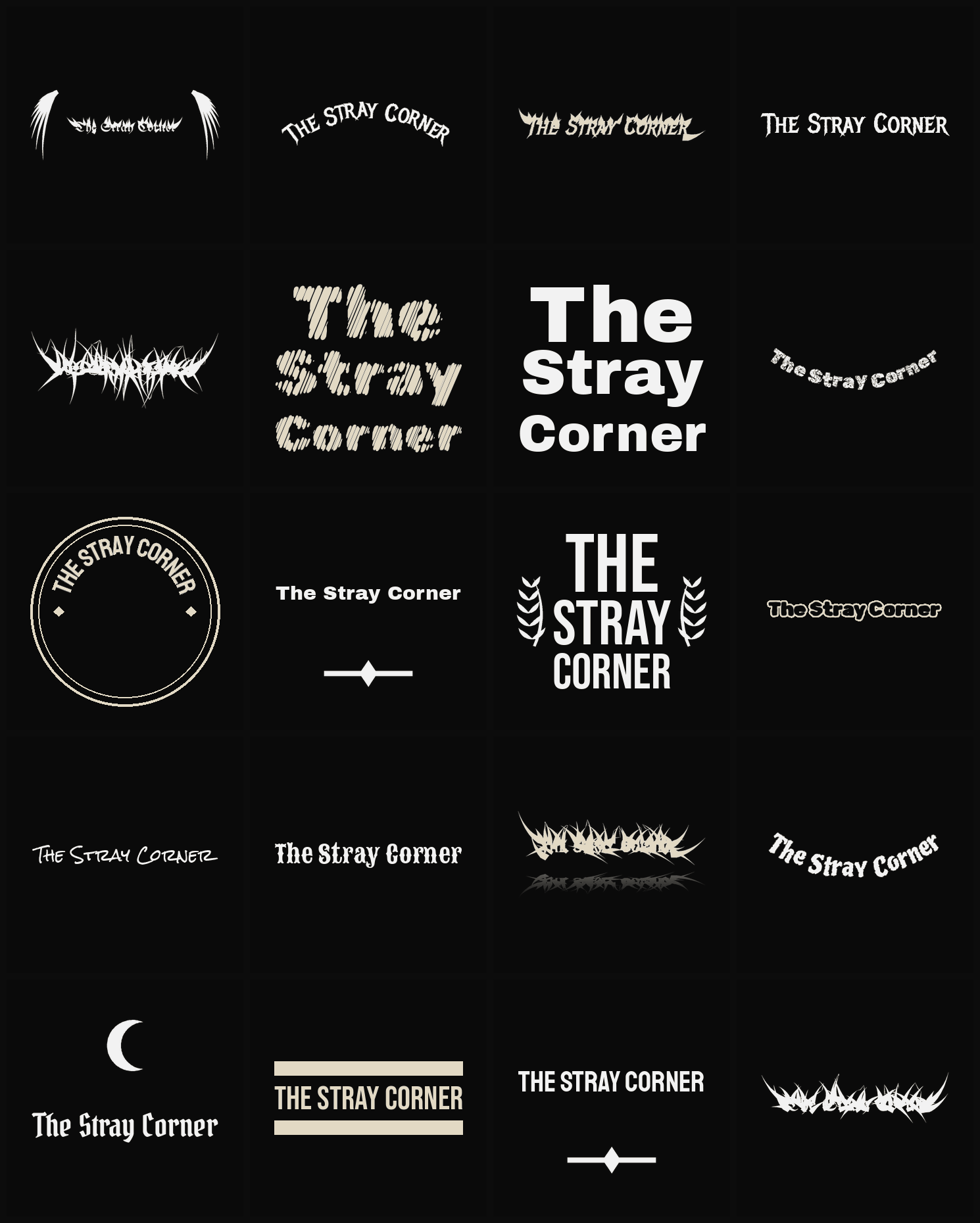 Twenty The Stray Corner band logo ideas — different faces, treatments and spike settings