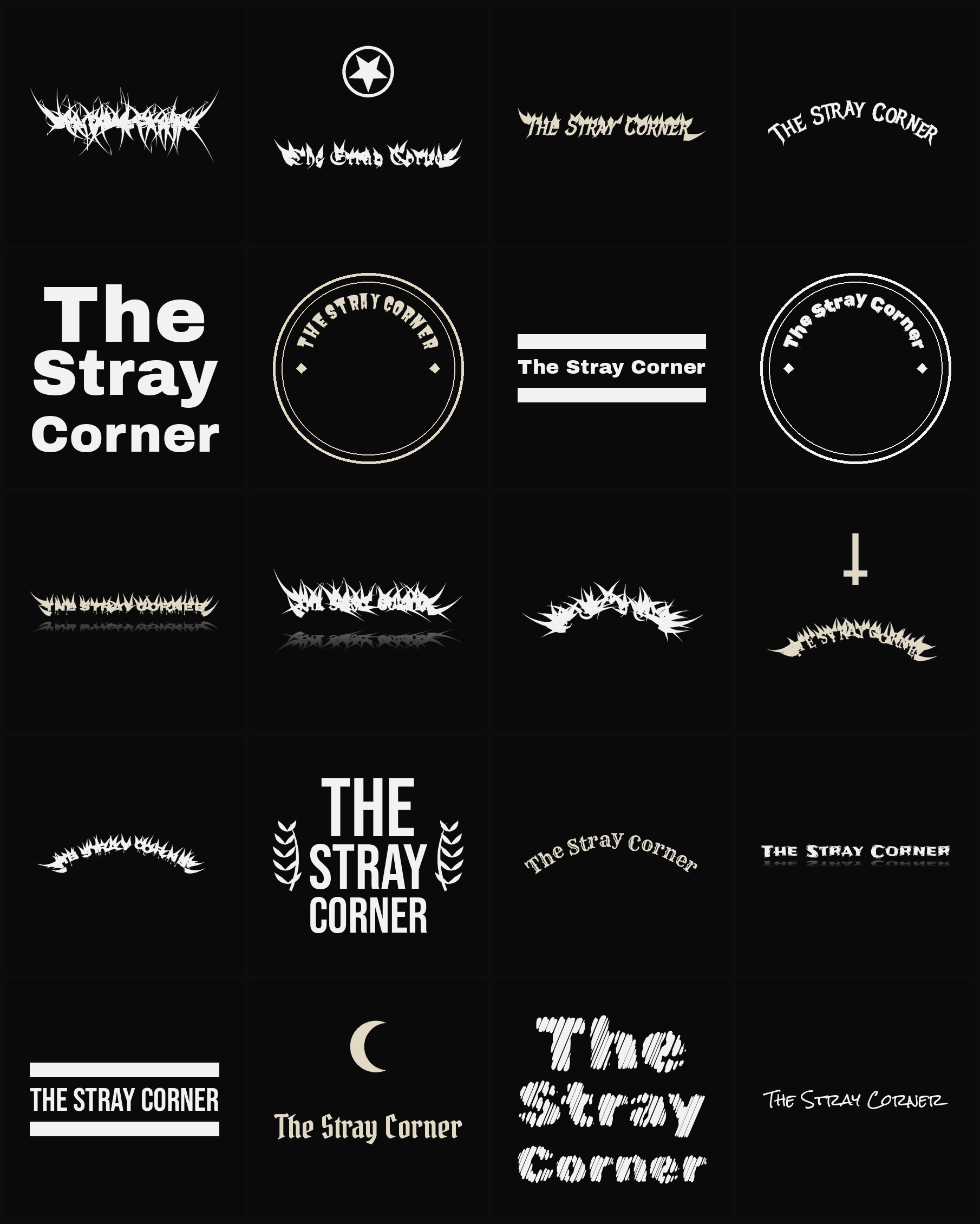 Twenty The Stray Corner band logo ideas — different faces, treatments and spike settings