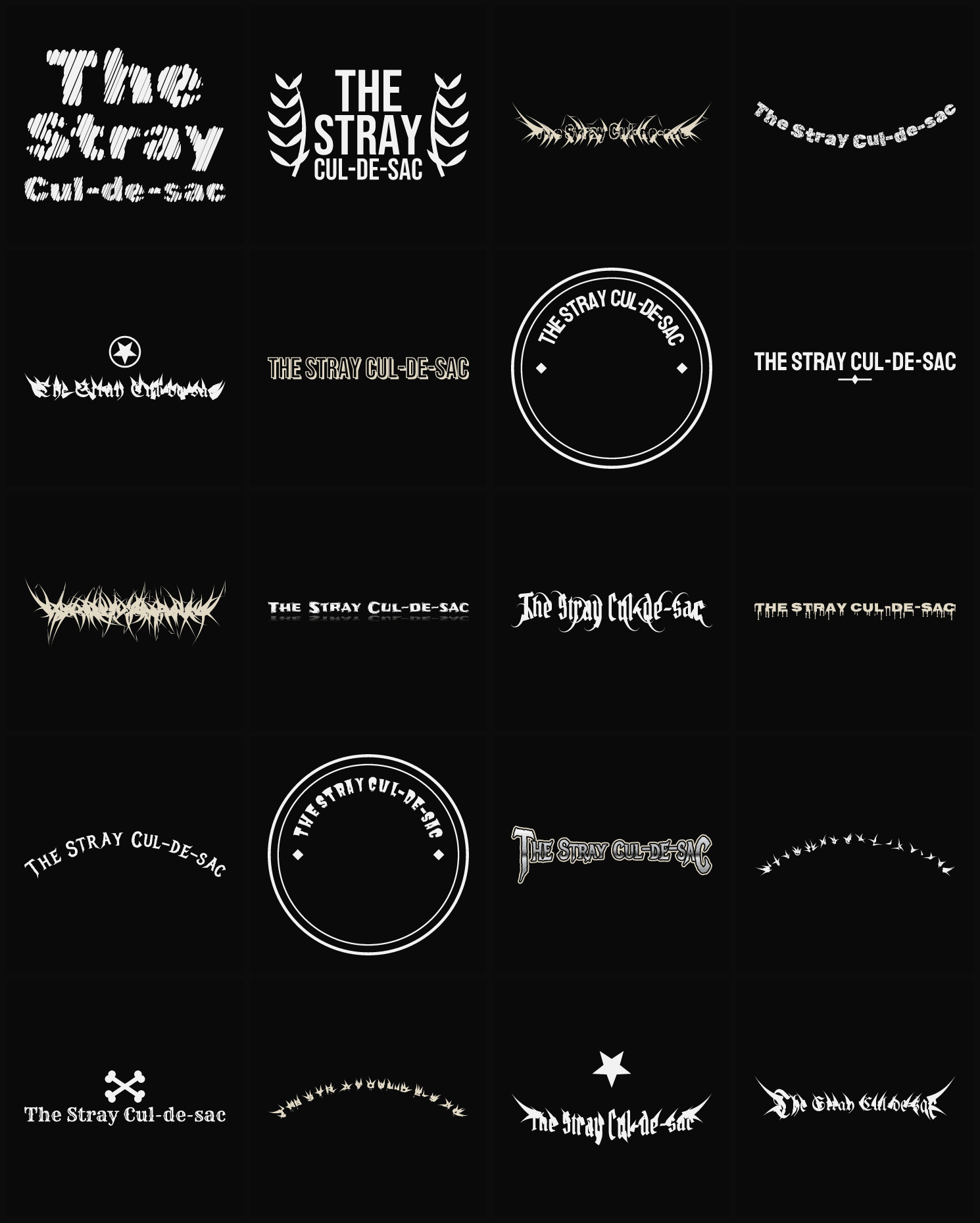 Twenty The Stray Cul-de-sac band logo ideas — different faces, treatments and spike settings