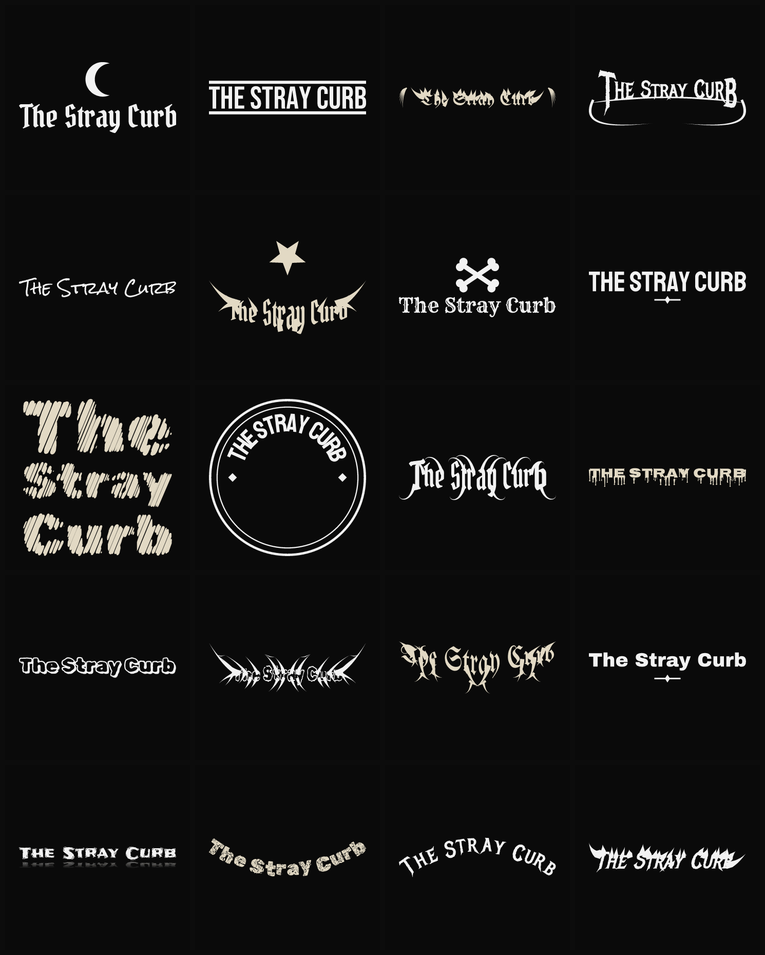 Twenty The Stray Curb band logo ideas — different faces, treatments and spike settings