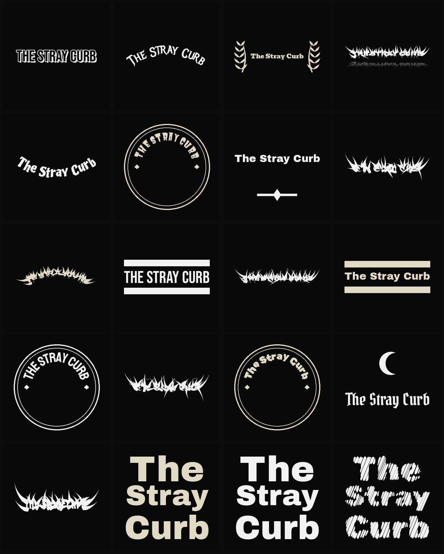 Twenty The Stray Curb band logo ideas — different faces, treatments and spike settings