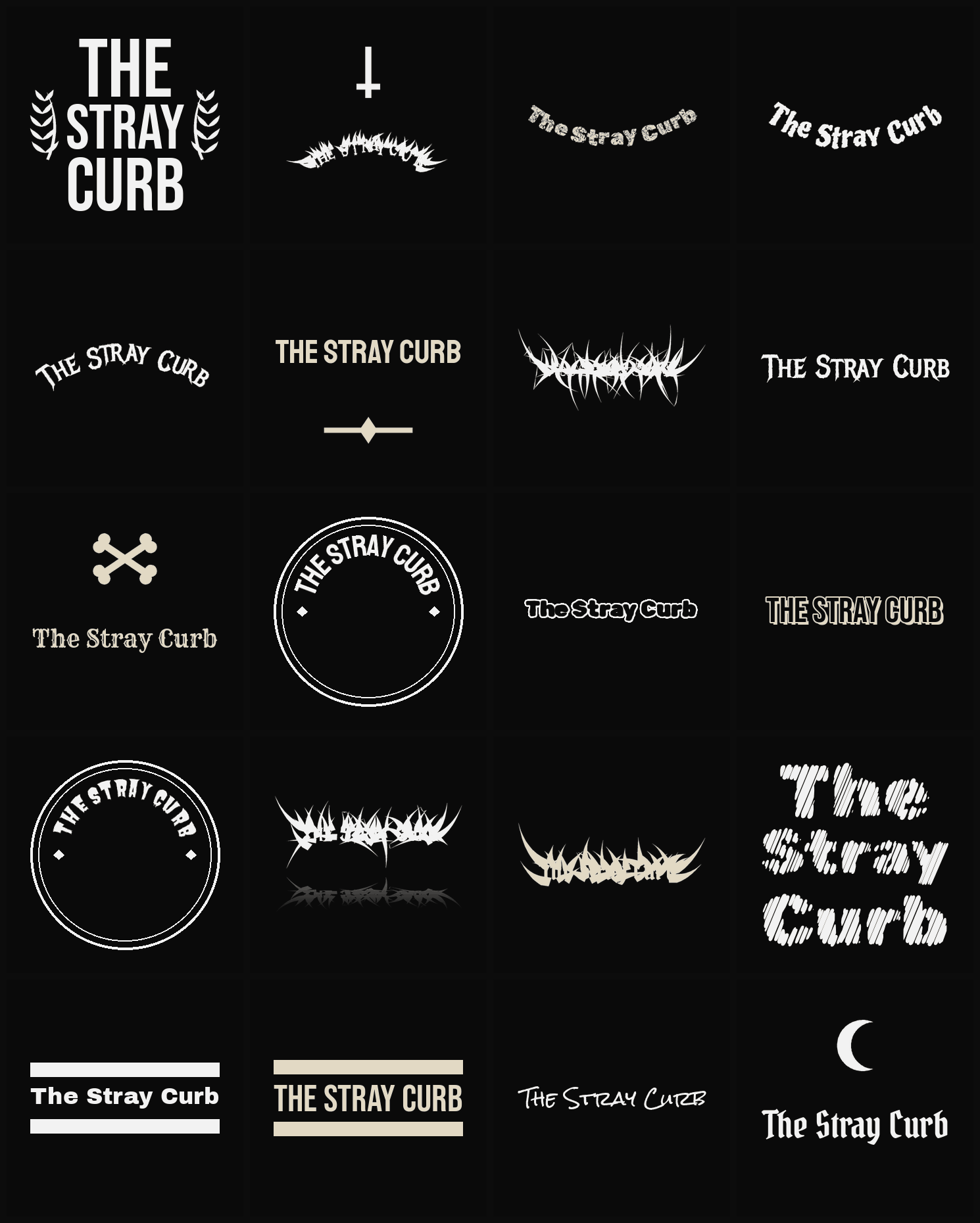 Twenty The Stray Curb band logo ideas — different faces, treatments and spike settings