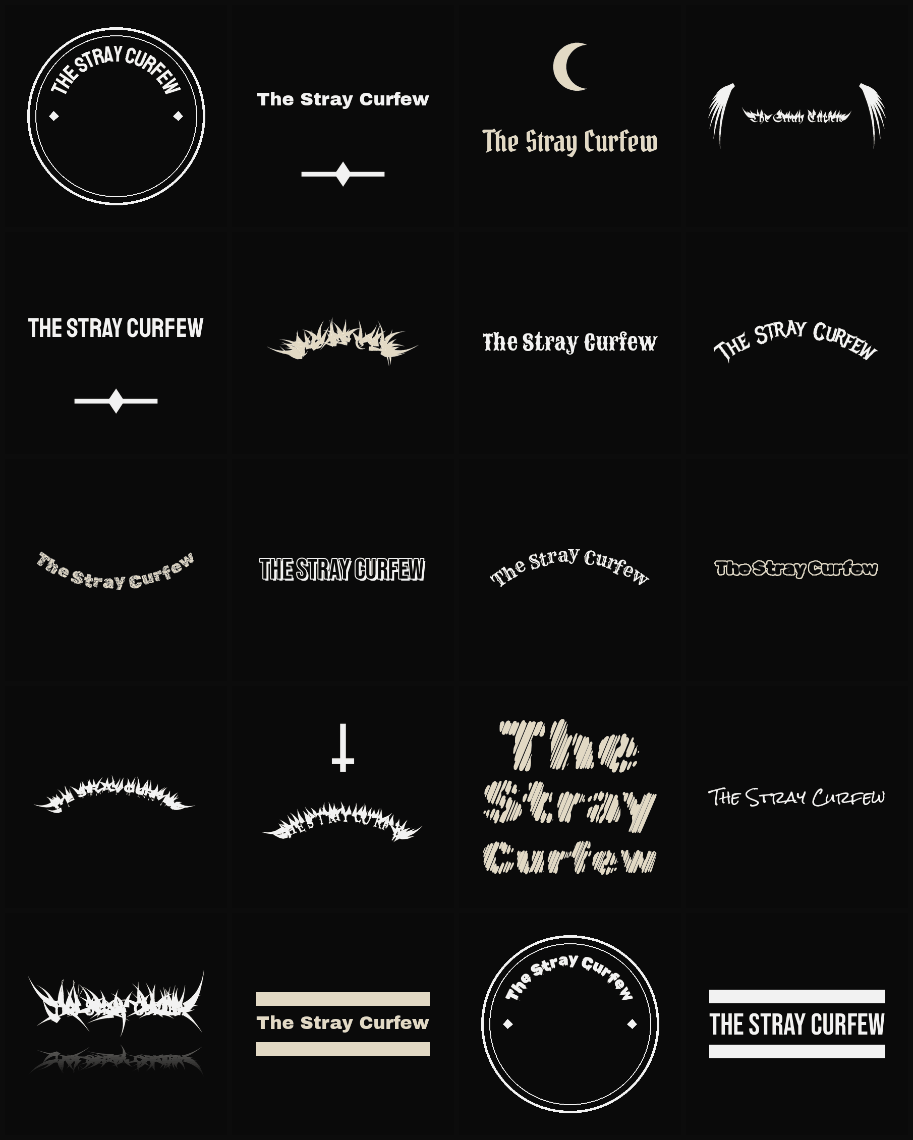 Twenty The Stray Curfew band logo ideas — different faces, treatments and spike settings