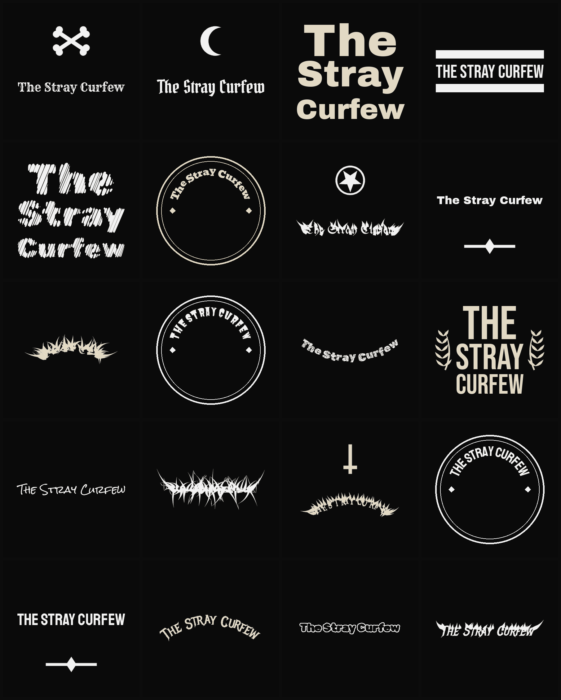 Twenty The Stray Curfew band logo ideas — different faces, treatments and spike settings