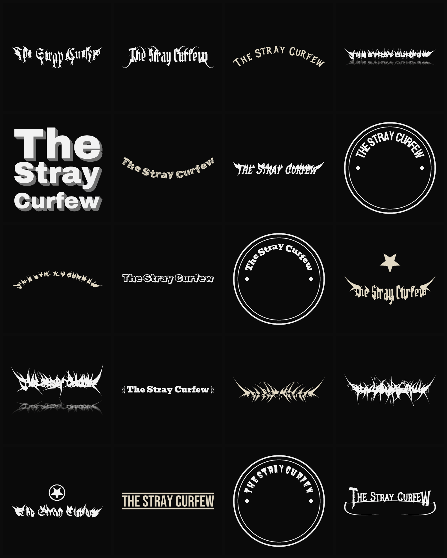 Twenty The Stray Curfew band logo ideas — different faces, treatments and spike settings