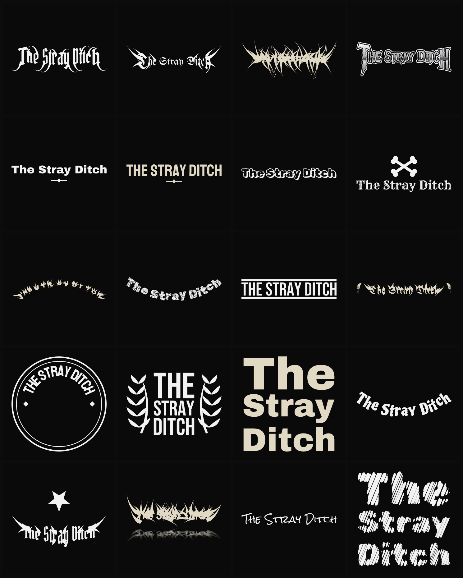 Twenty The Stray Ditch band logo ideas — different faces, treatments and spike settings
