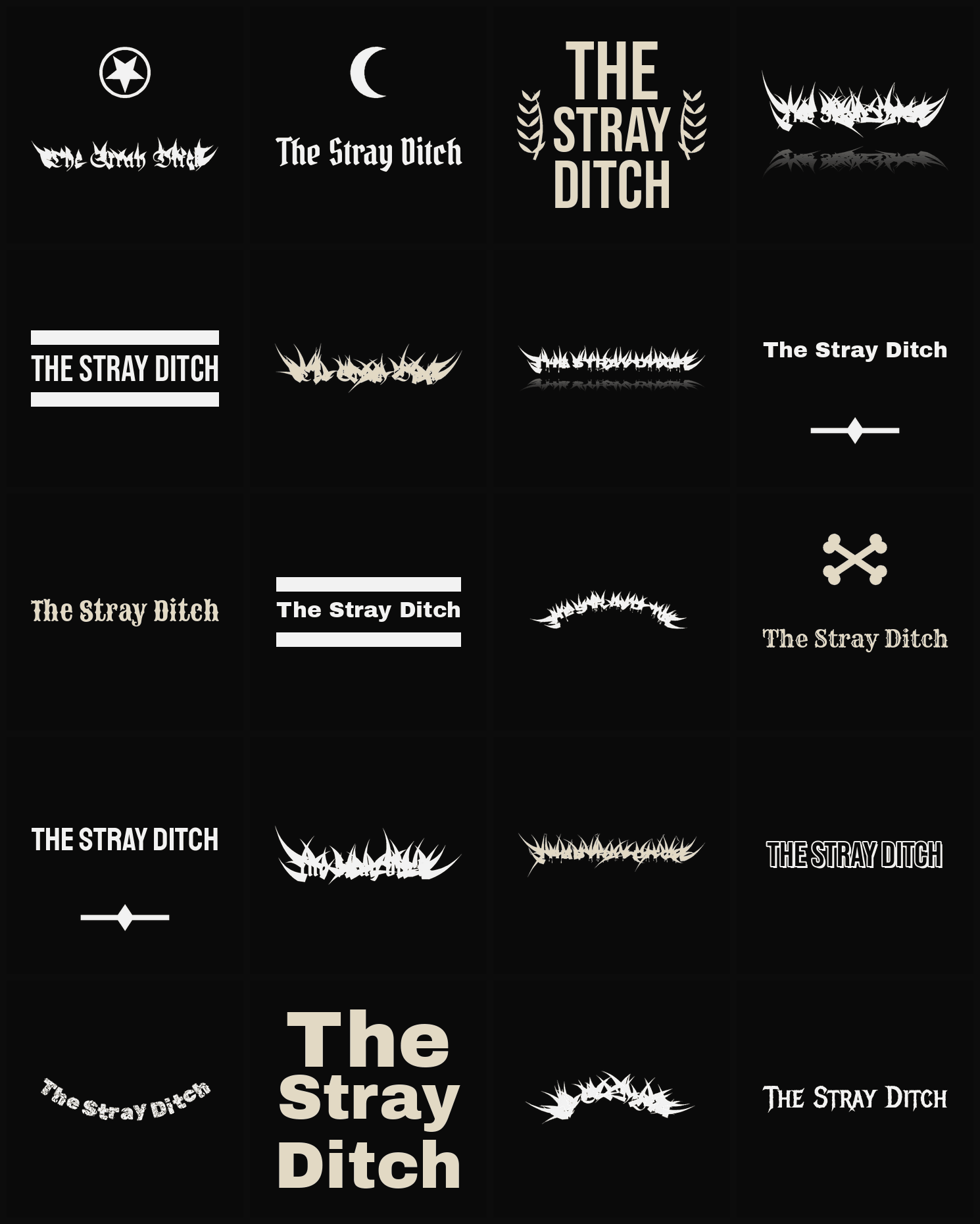 Twenty The Stray Ditch band logo ideas — different faces, treatments and spike settings