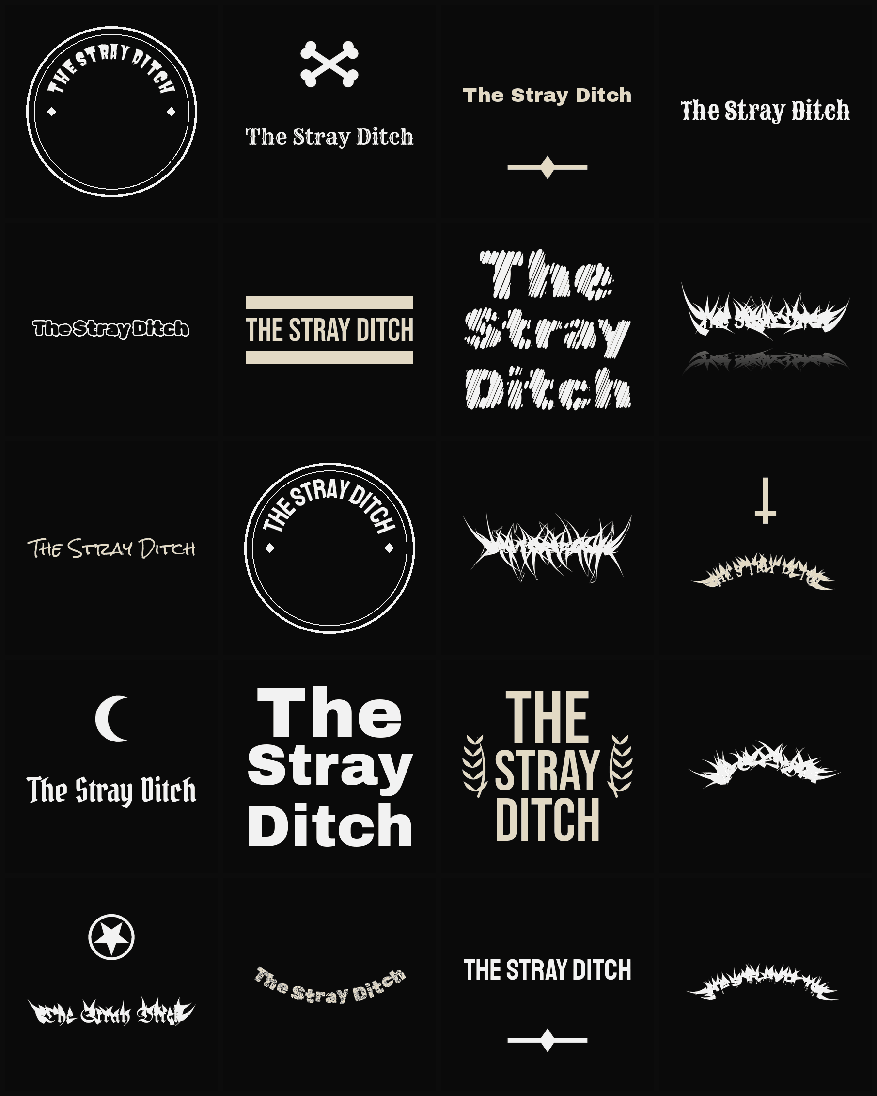 Twenty The Stray Ditch band logo ideas — different faces, treatments and spike settings