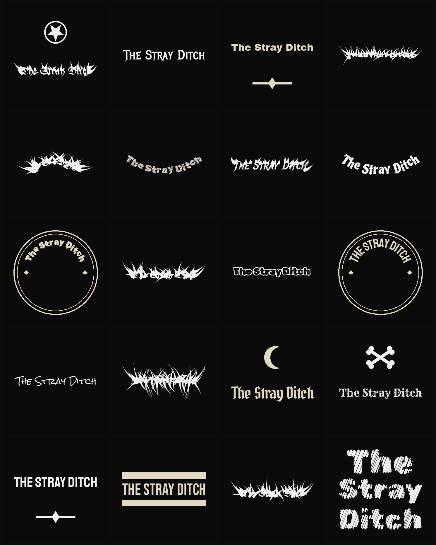 Twenty The Stray Ditch band logo ideas — different faces, treatments and spike settings