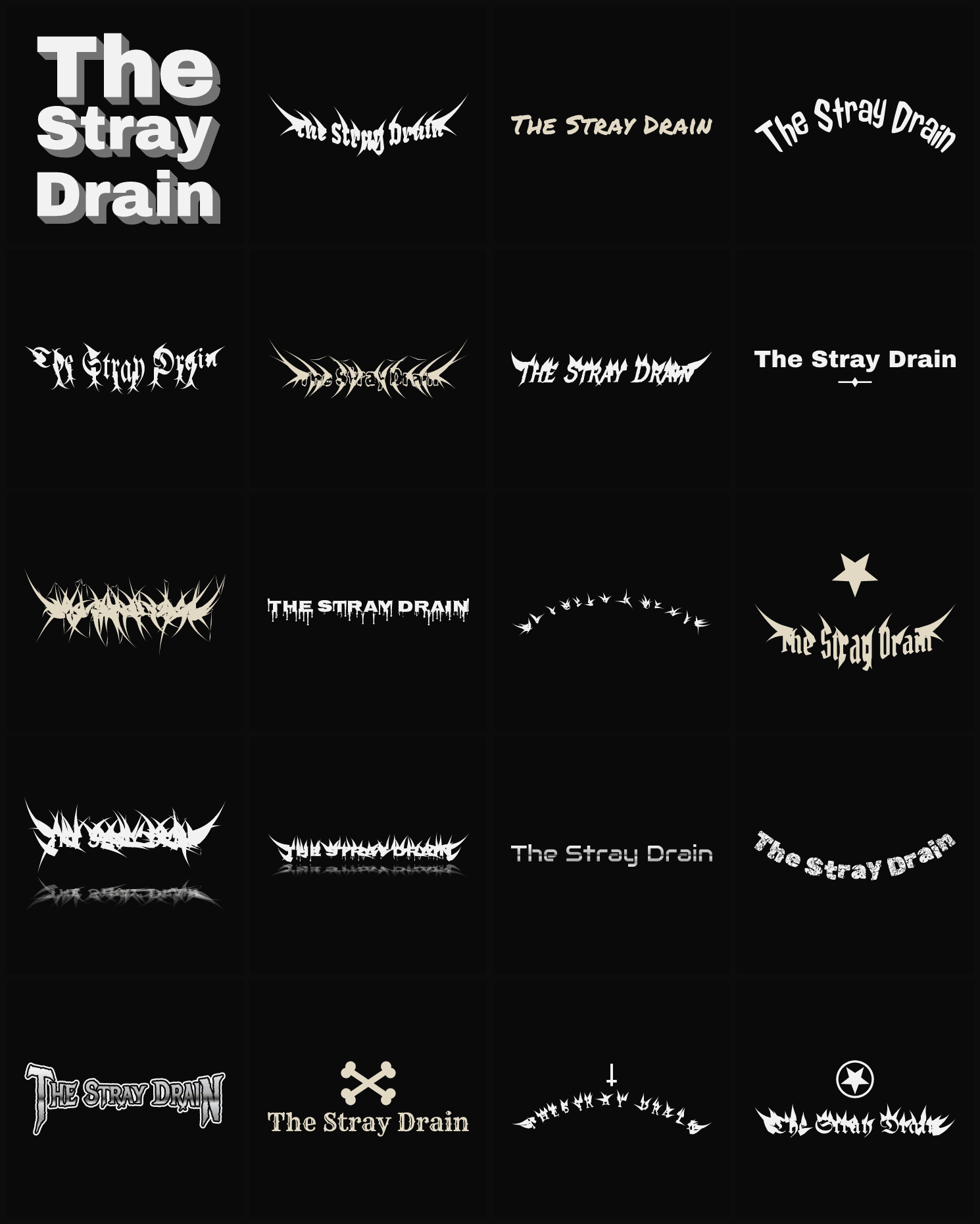 Twenty The Stray Drain band logo ideas — different faces, treatments and spike settings