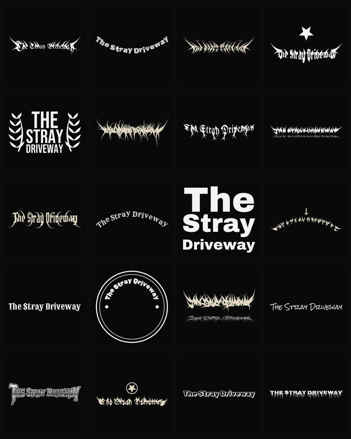 Twenty The Stray Driveway band logo ideas — different faces, treatments and spike settings