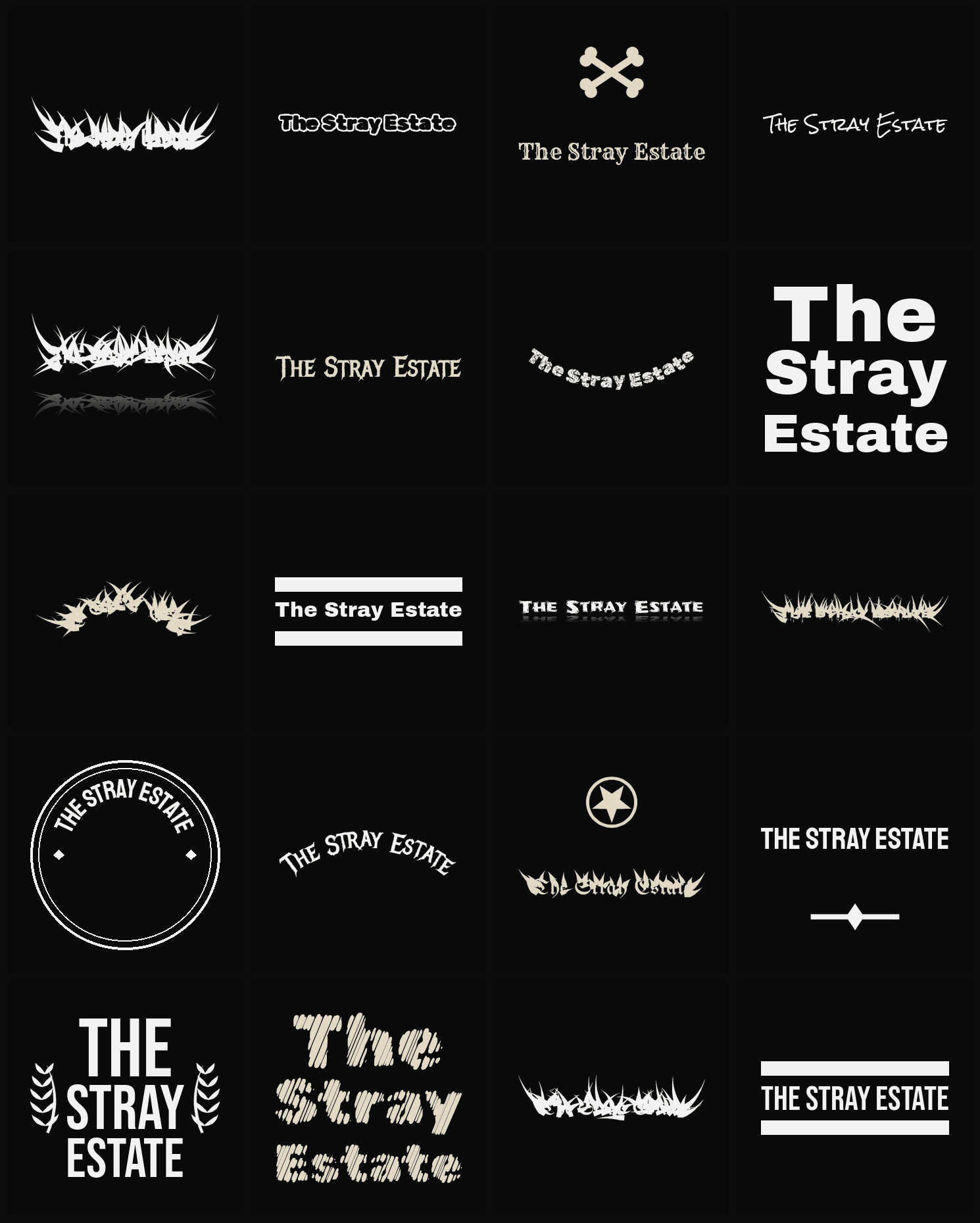 Twenty The Stray Estate band logo ideas — different faces, treatments and spike settings
