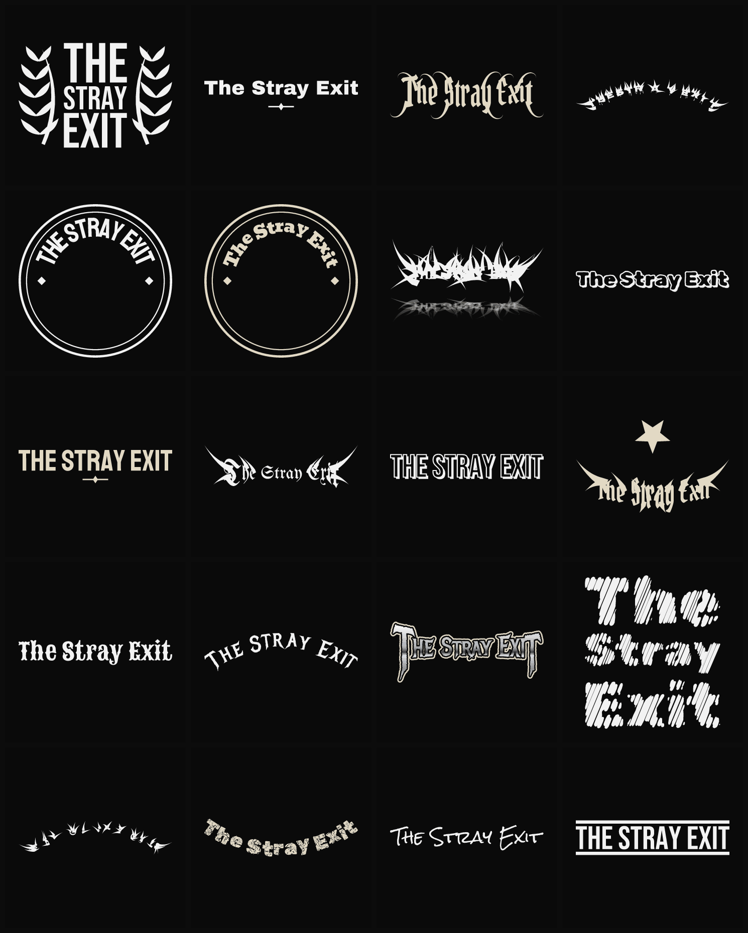 Twenty The Stray Exit band logo ideas — different faces, treatments and spike settings