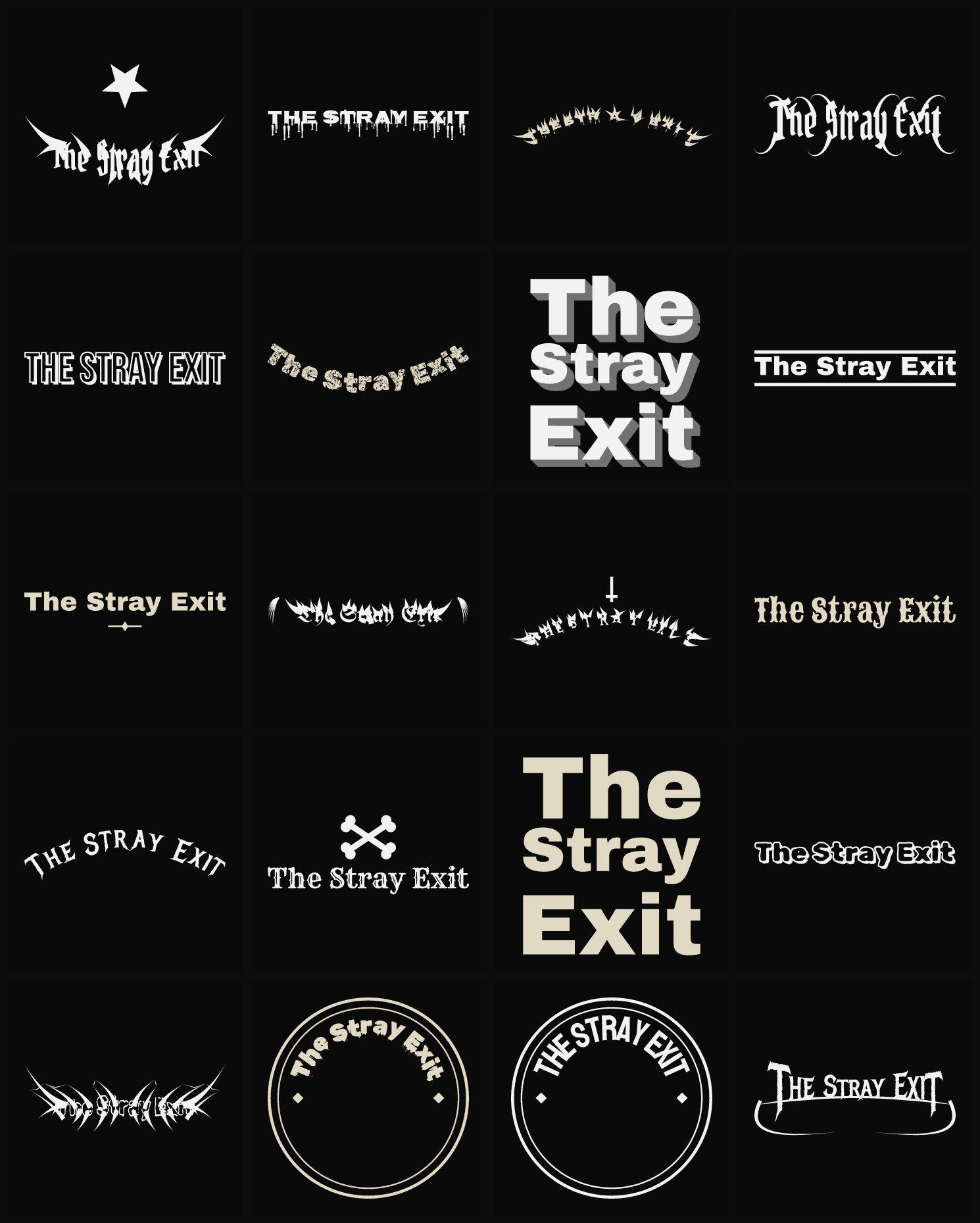 Twenty The Stray Exit band logo ideas — different faces, treatments and spike settings