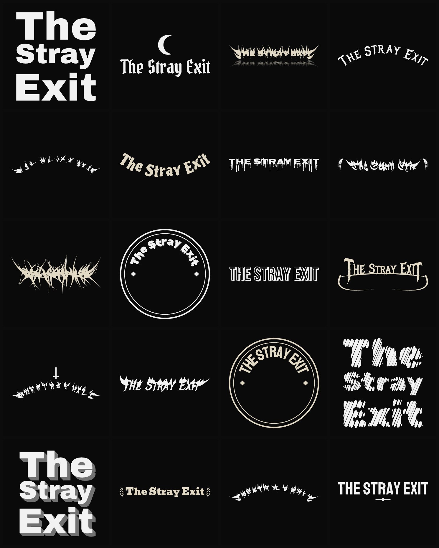 Twenty The Stray Exit band logo ideas — different faces, treatments and spike settings