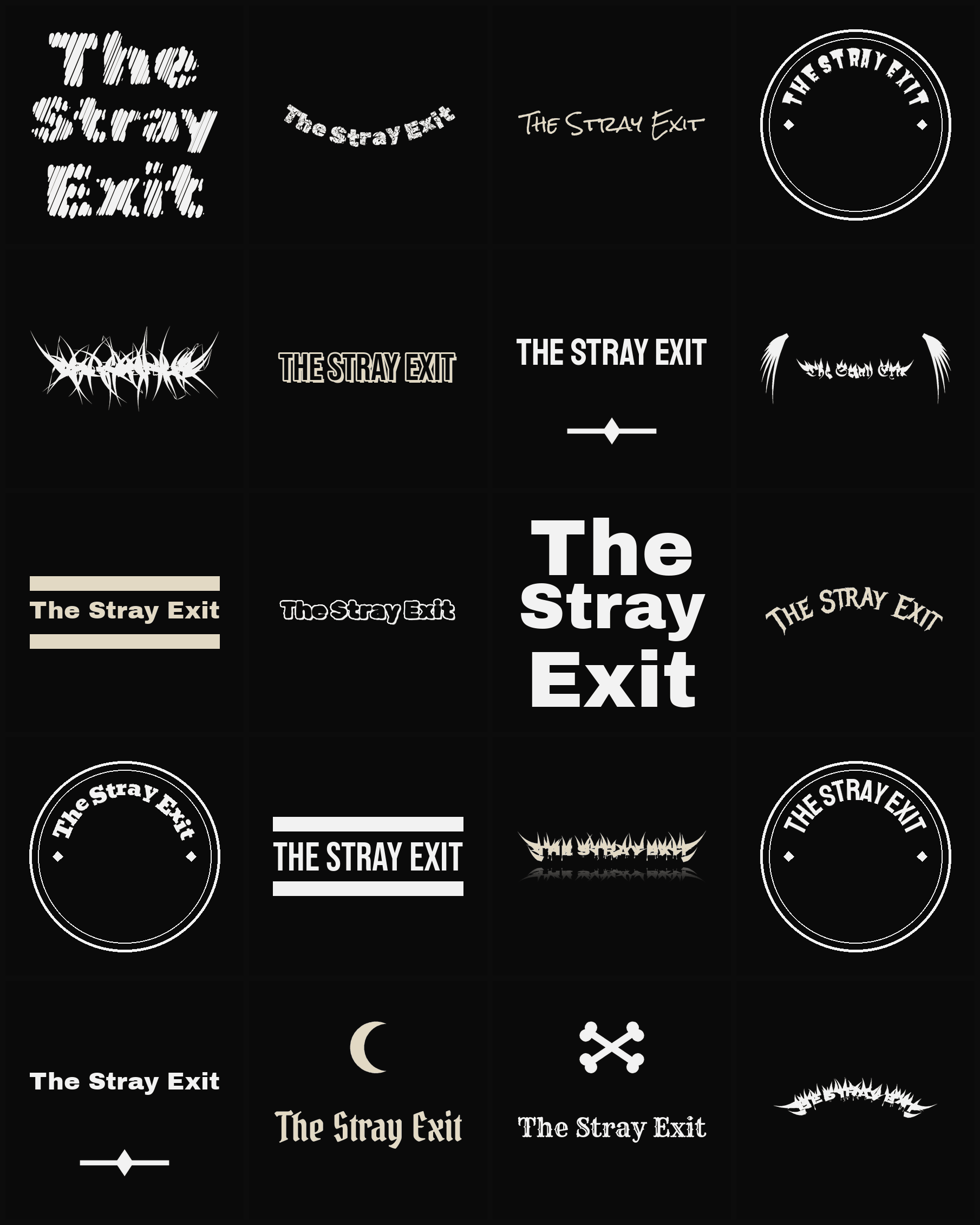 Twenty The Stray Exit band logo ideas — different faces, treatments and spike settings
