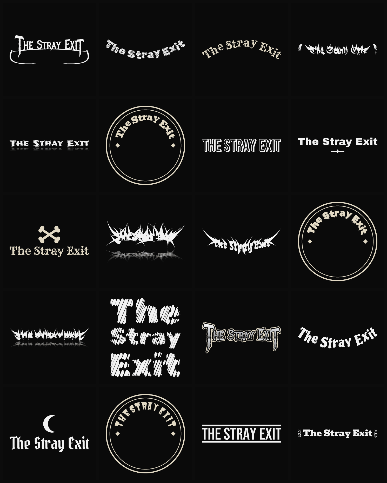 Twenty The Stray Exit band logo ideas — different faces, treatments and spike settings