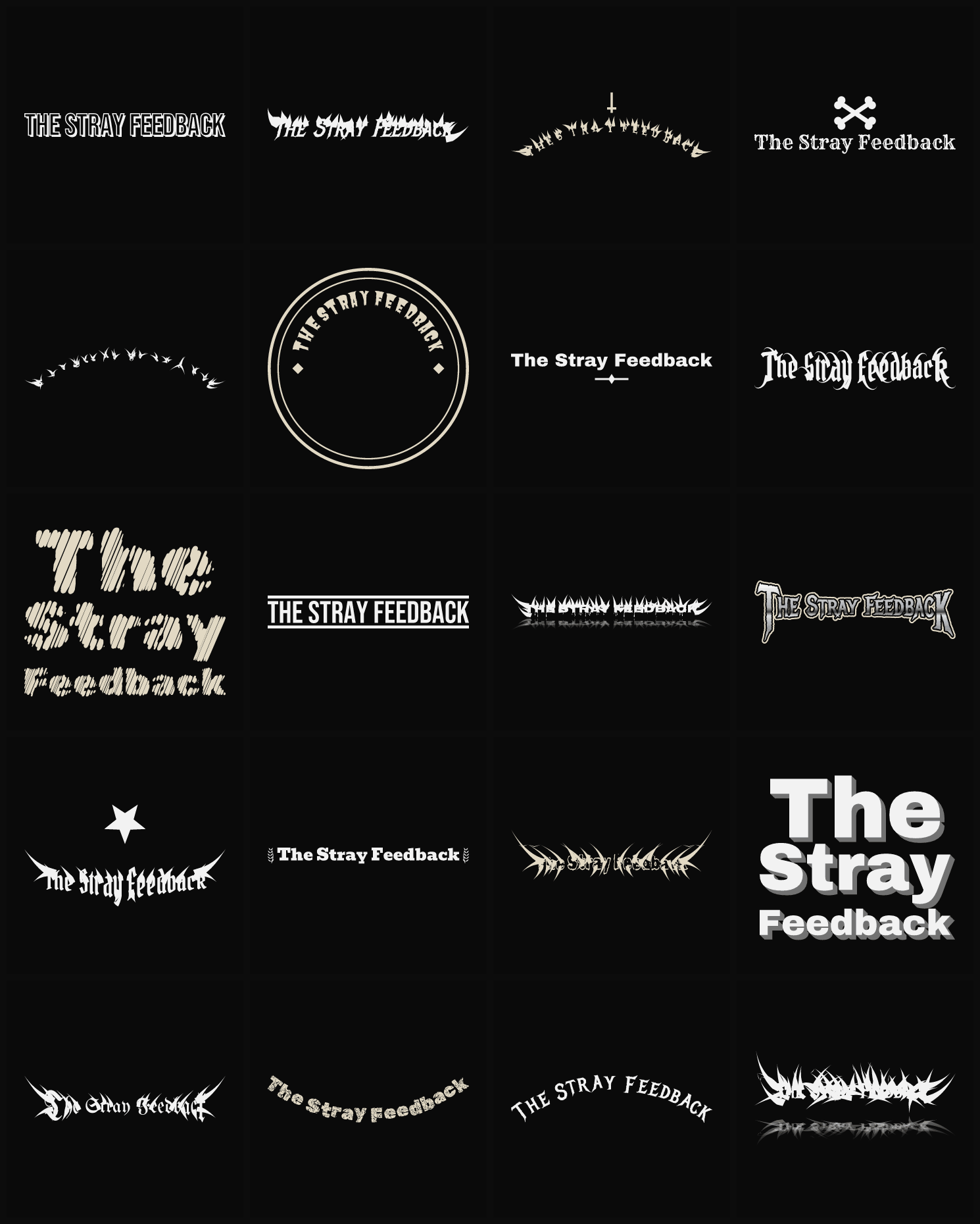 Twenty The Stray Feedback band logo ideas — different faces, treatments and spike settings