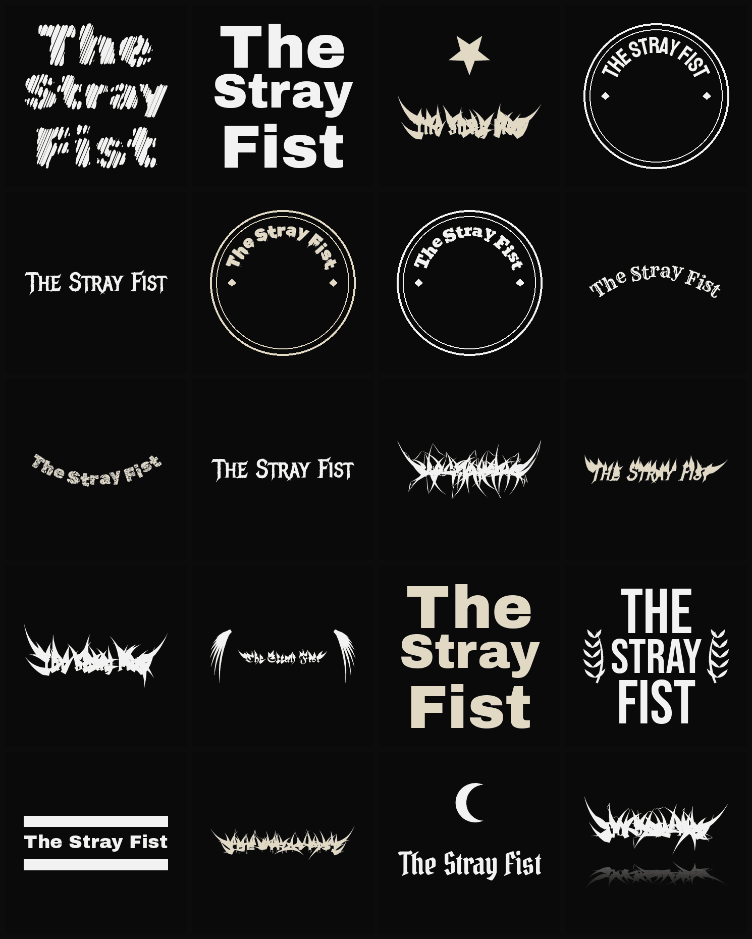 Twenty The Stray Fist band logo ideas — different faces, treatments and spike settings