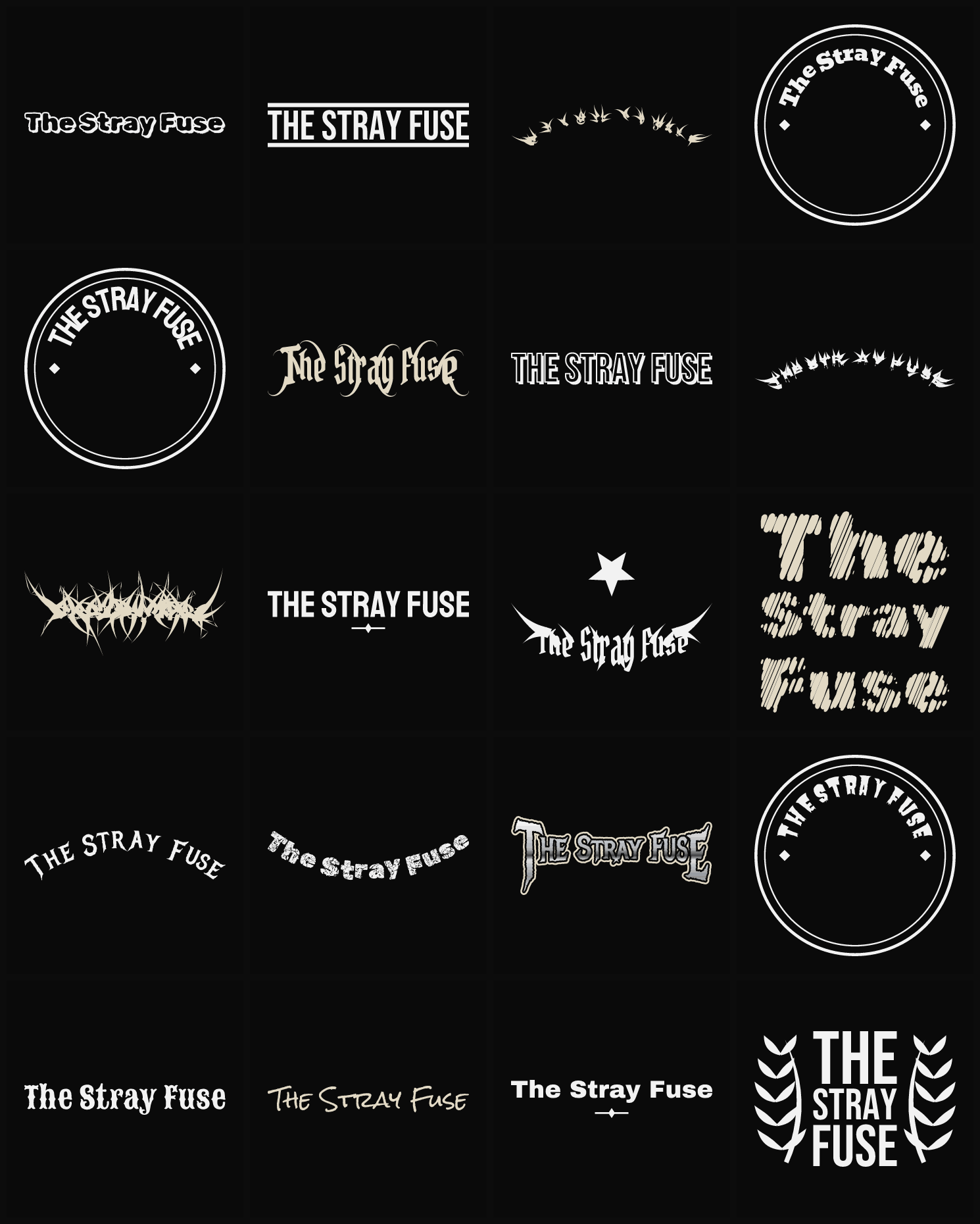 Twenty The Stray Fuse band logo ideas — different faces, treatments and spike settings