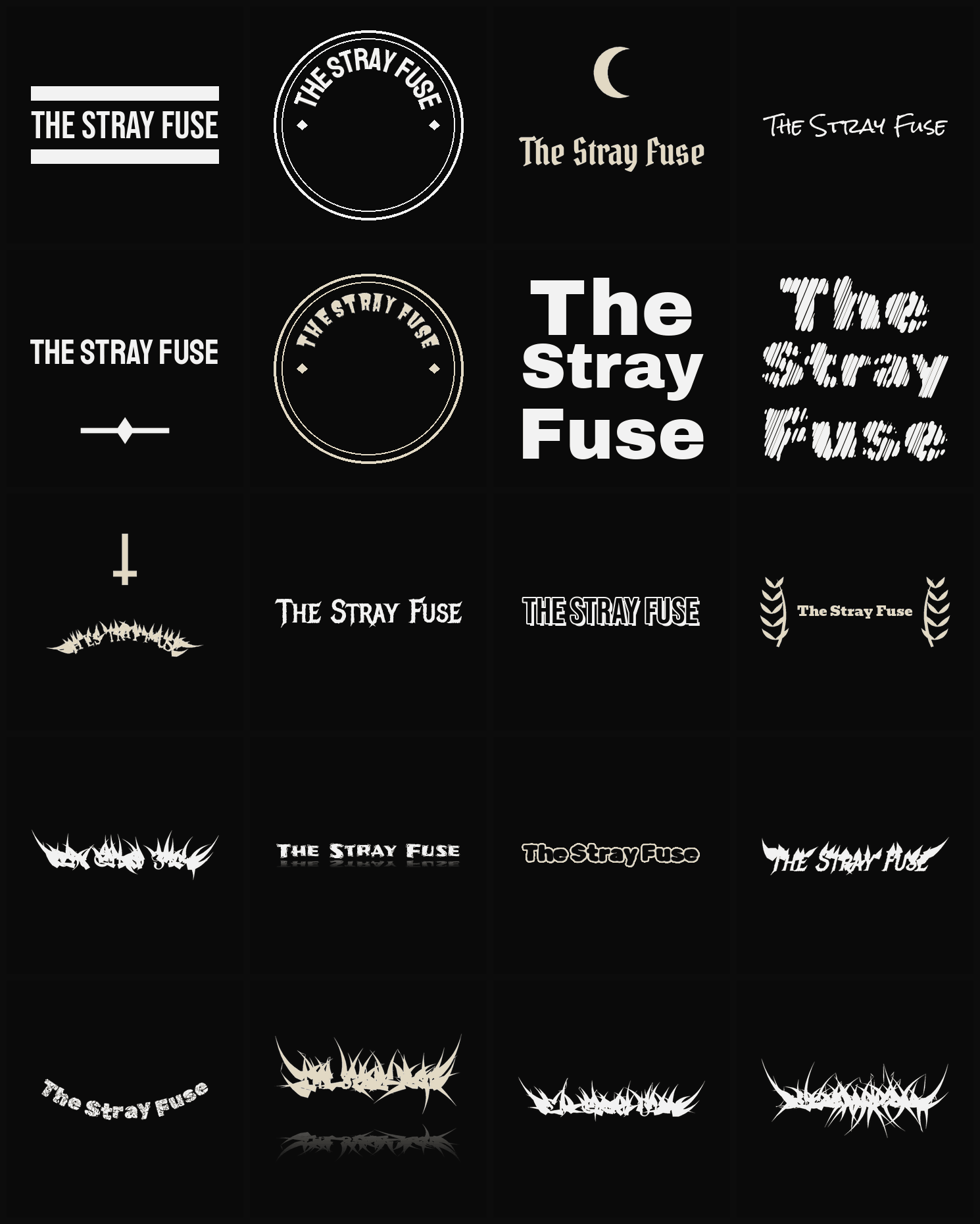 Twenty The Stray Fuse band logo ideas — different faces, treatments and spike settings