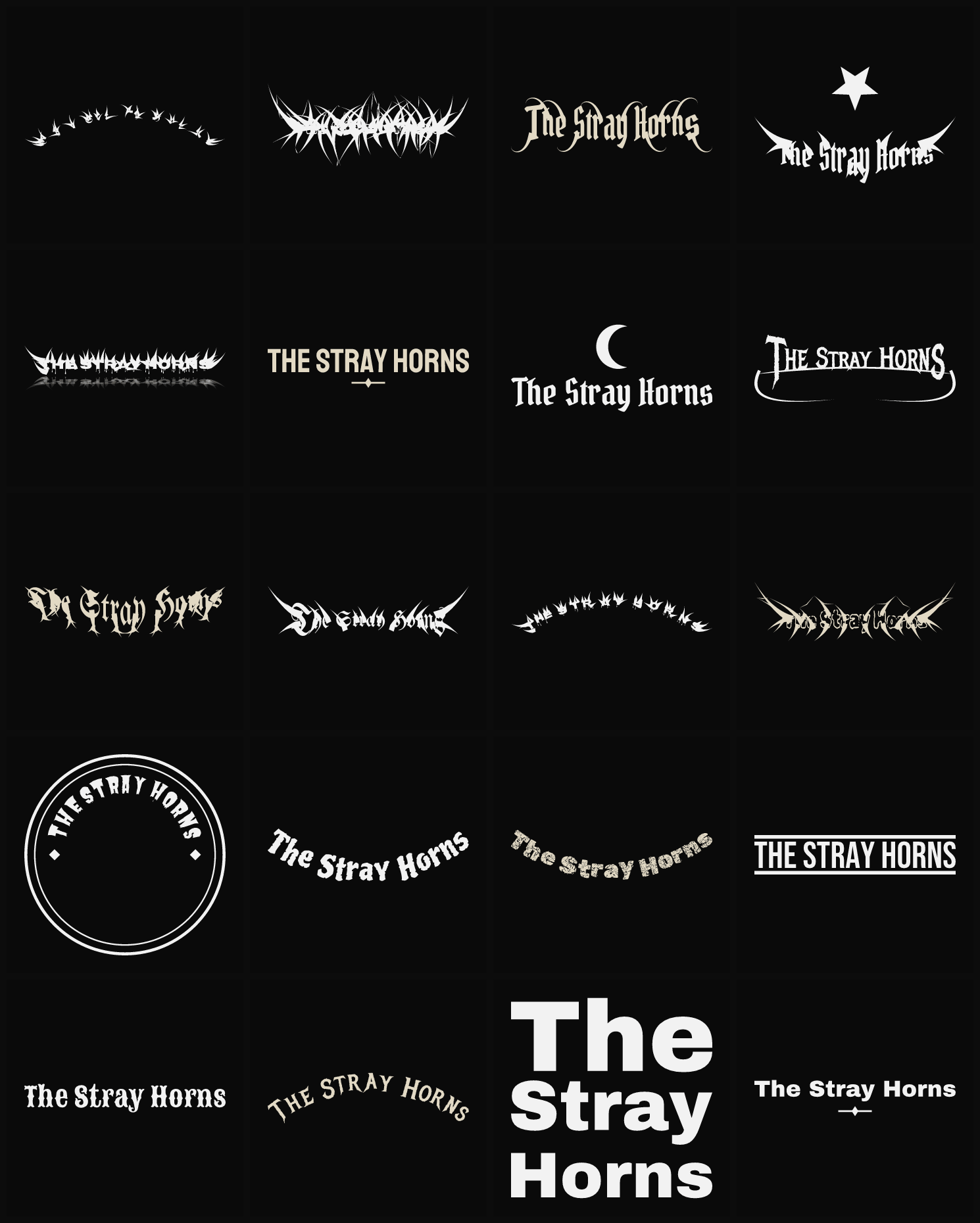 Twenty The Stray Horns band logo ideas — different faces, treatments and spike settings