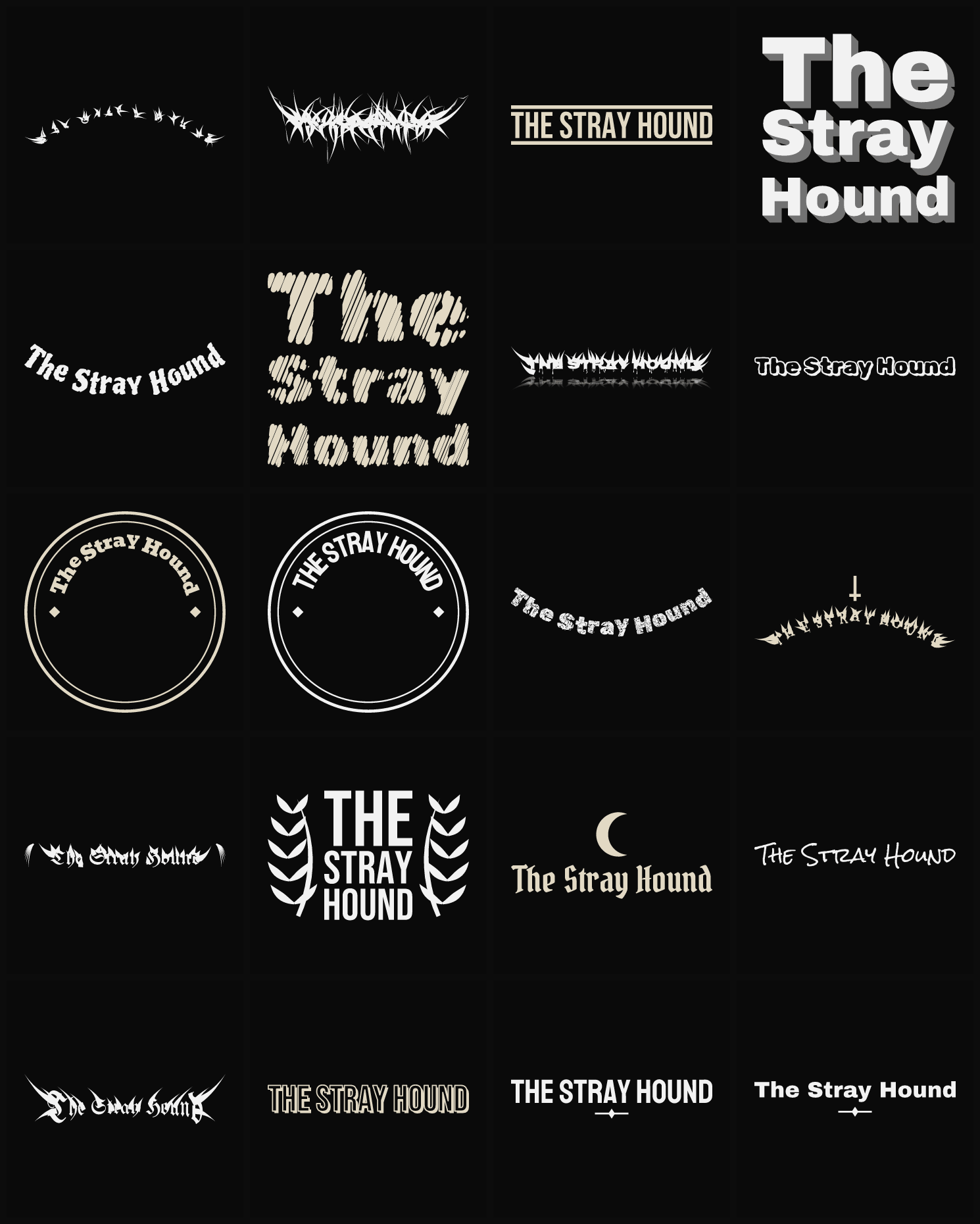 Twenty The Stray Hound band logo ideas — different faces, treatments and spike settings