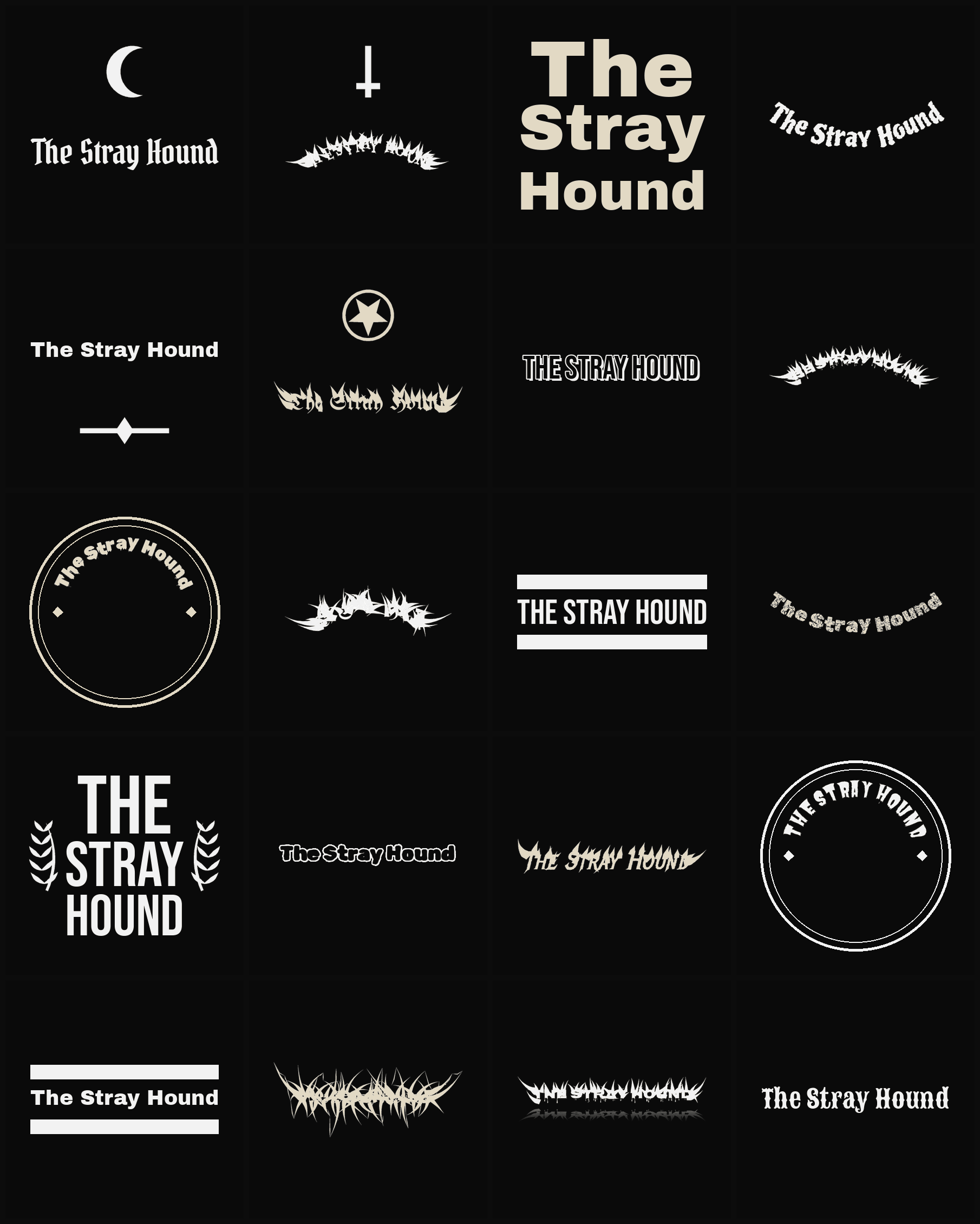 Twenty The Stray Hound band logo ideas — different faces, treatments and spike settings