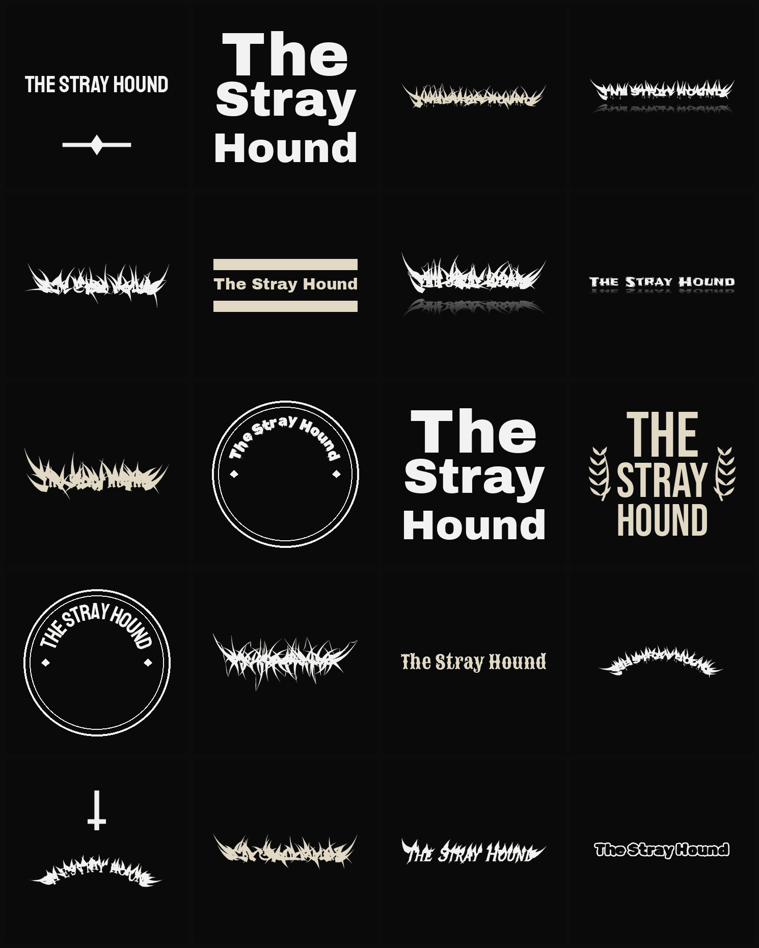 Twenty The Stray Hound band logo ideas — different faces, treatments and spike settings