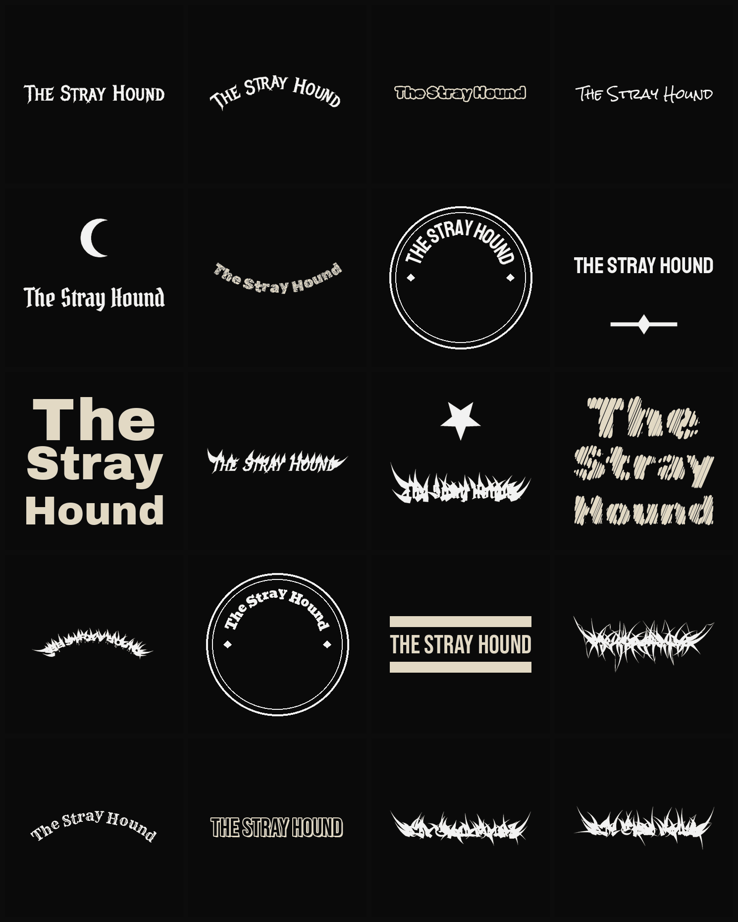 Twenty The Stray Hound band logo ideas — different faces, treatments and spike settings