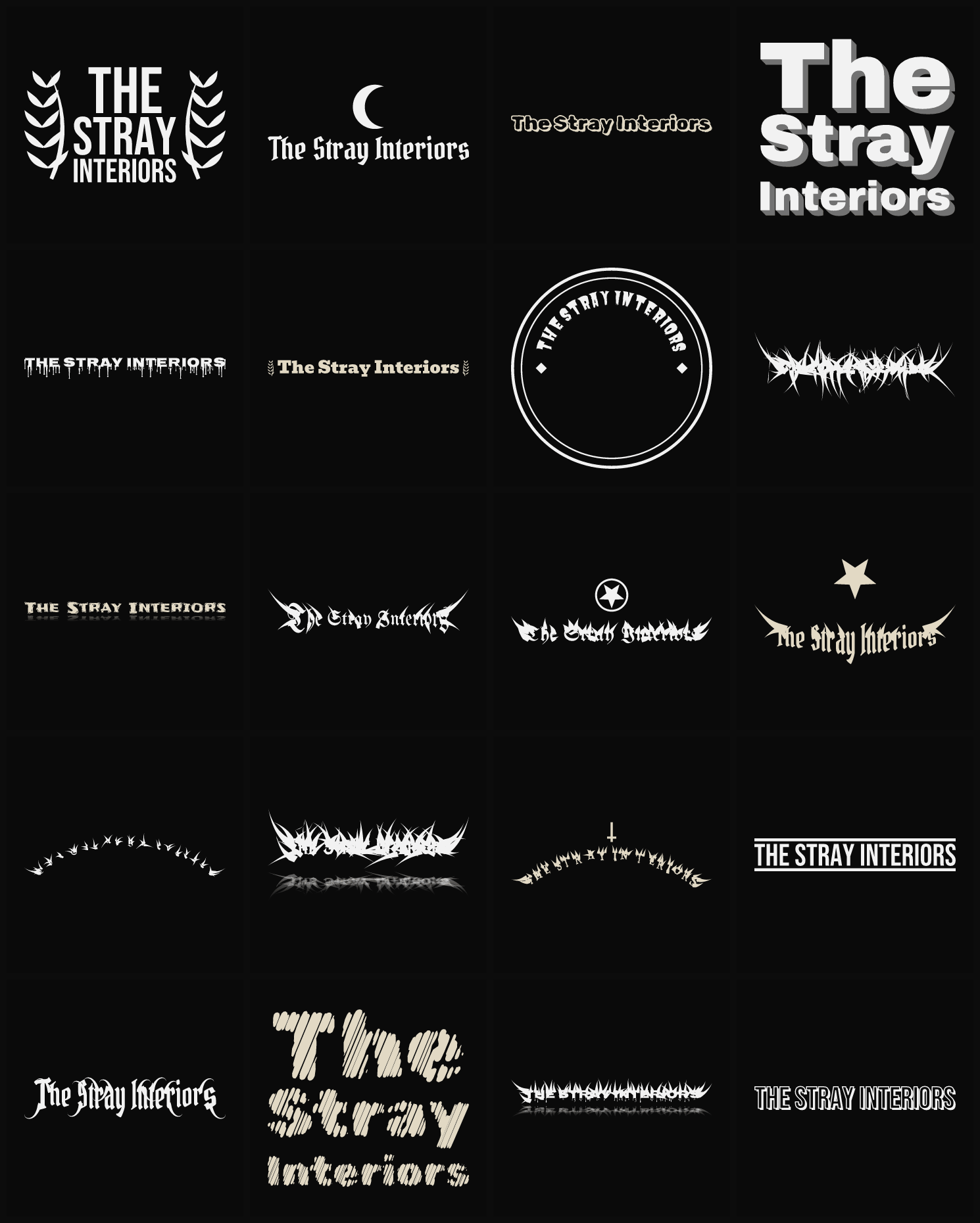 Twenty The Stray Interiors band logo ideas — different faces, treatments and spike settings