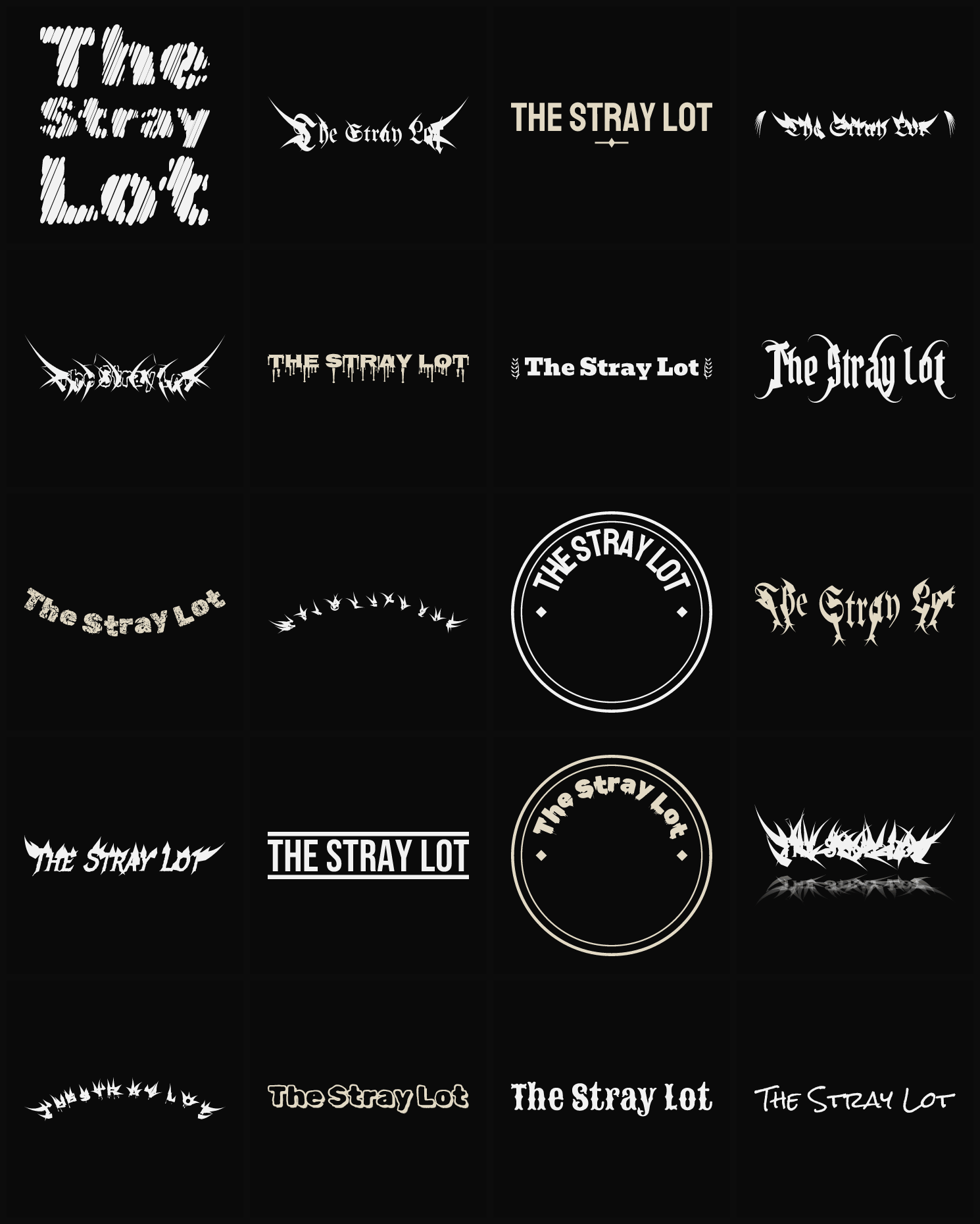 Twenty The Stray Lot band logo ideas — different faces, treatments and spike settings
