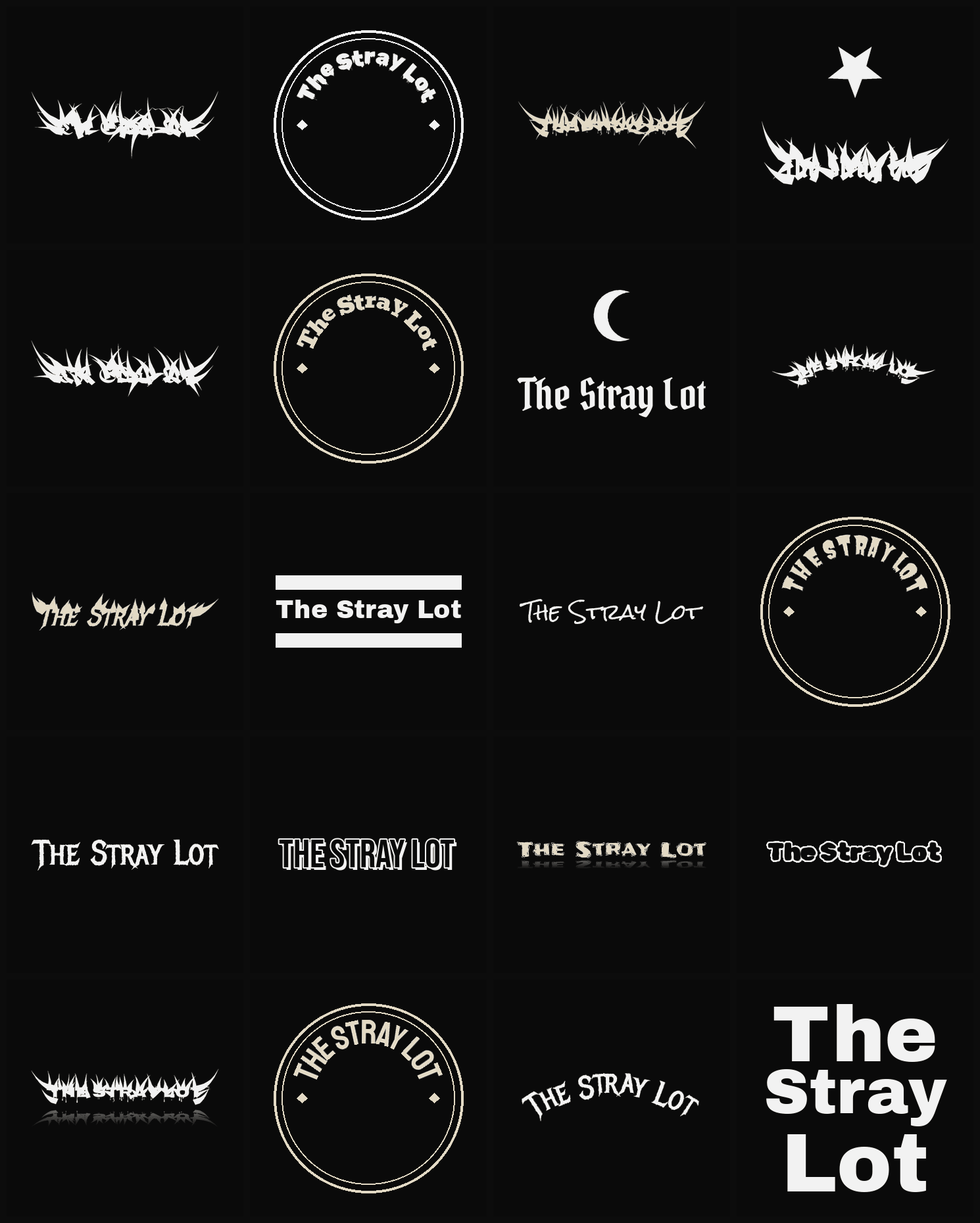 Twenty The Stray Lot band logo ideas — different faces, treatments and spike settings