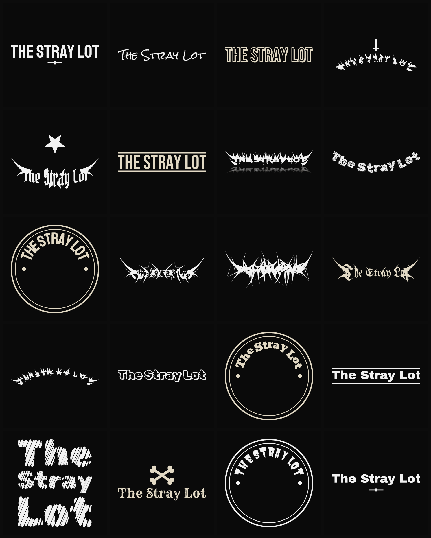 Twenty The Stray Lot band logo ideas — different faces, treatments and spike settings