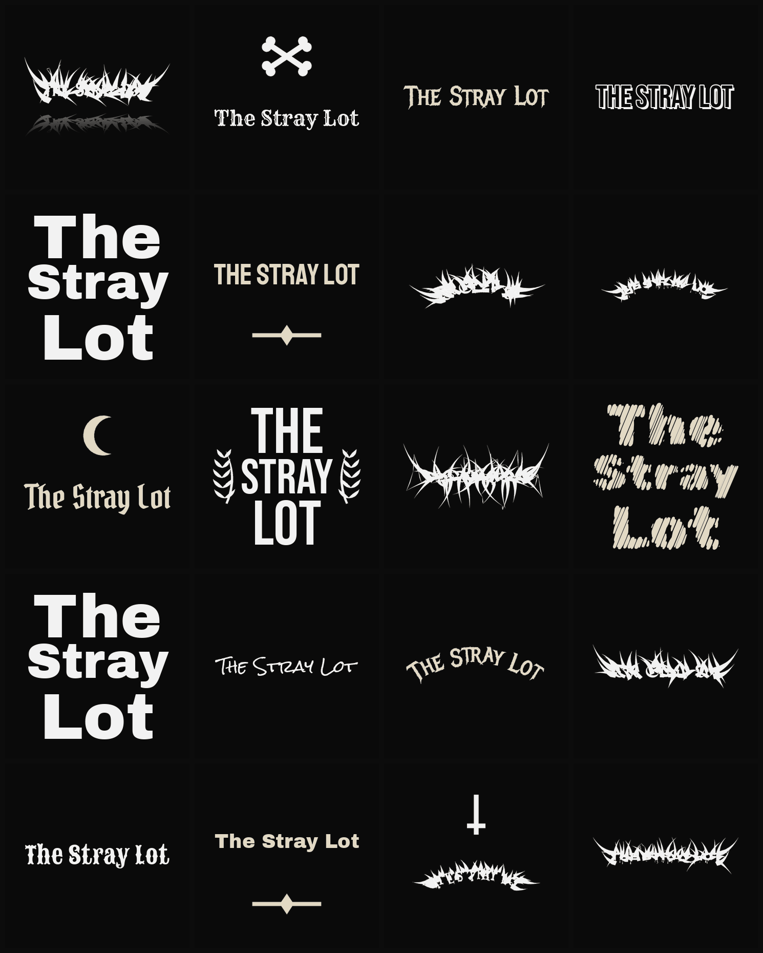 Twenty The Stray Lot band logo ideas — different faces, treatments and spike settings