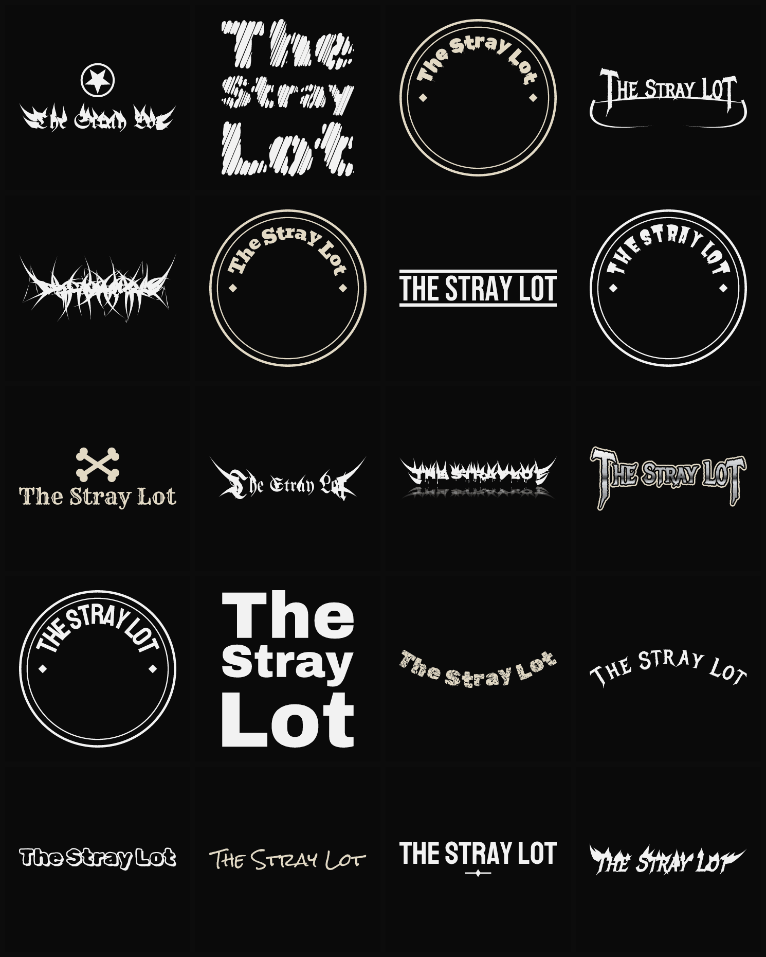 Twenty The Stray Lot band logo ideas — different faces, treatments and spike settings
