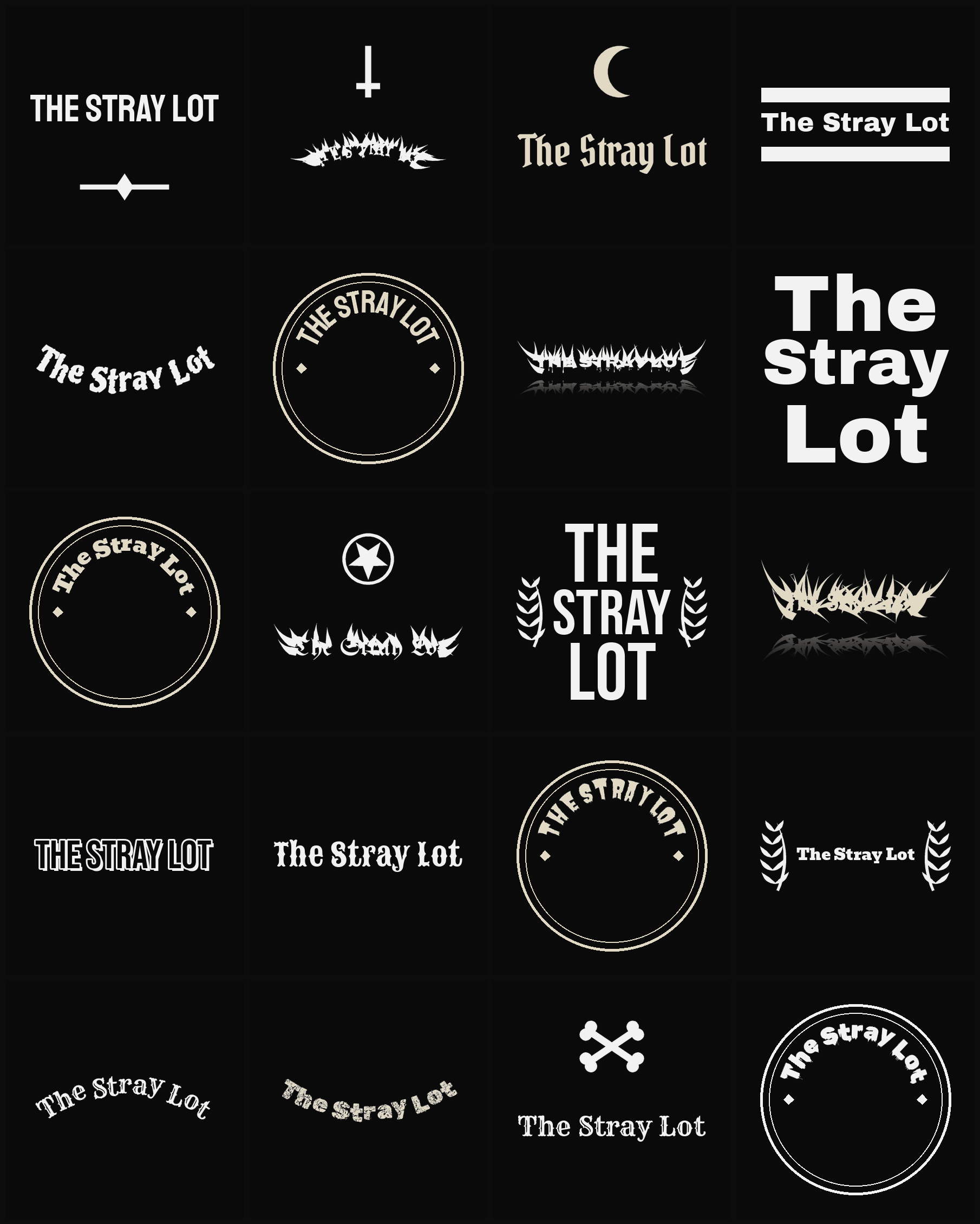 Twenty The Stray Lot band logo ideas — different faces, treatments and spike settings