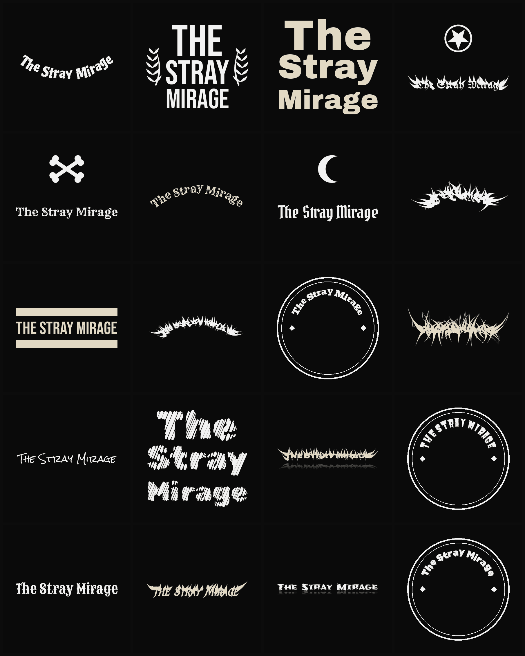 Twenty The Stray Mirage band logo ideas — different faces, treatments and spike settings