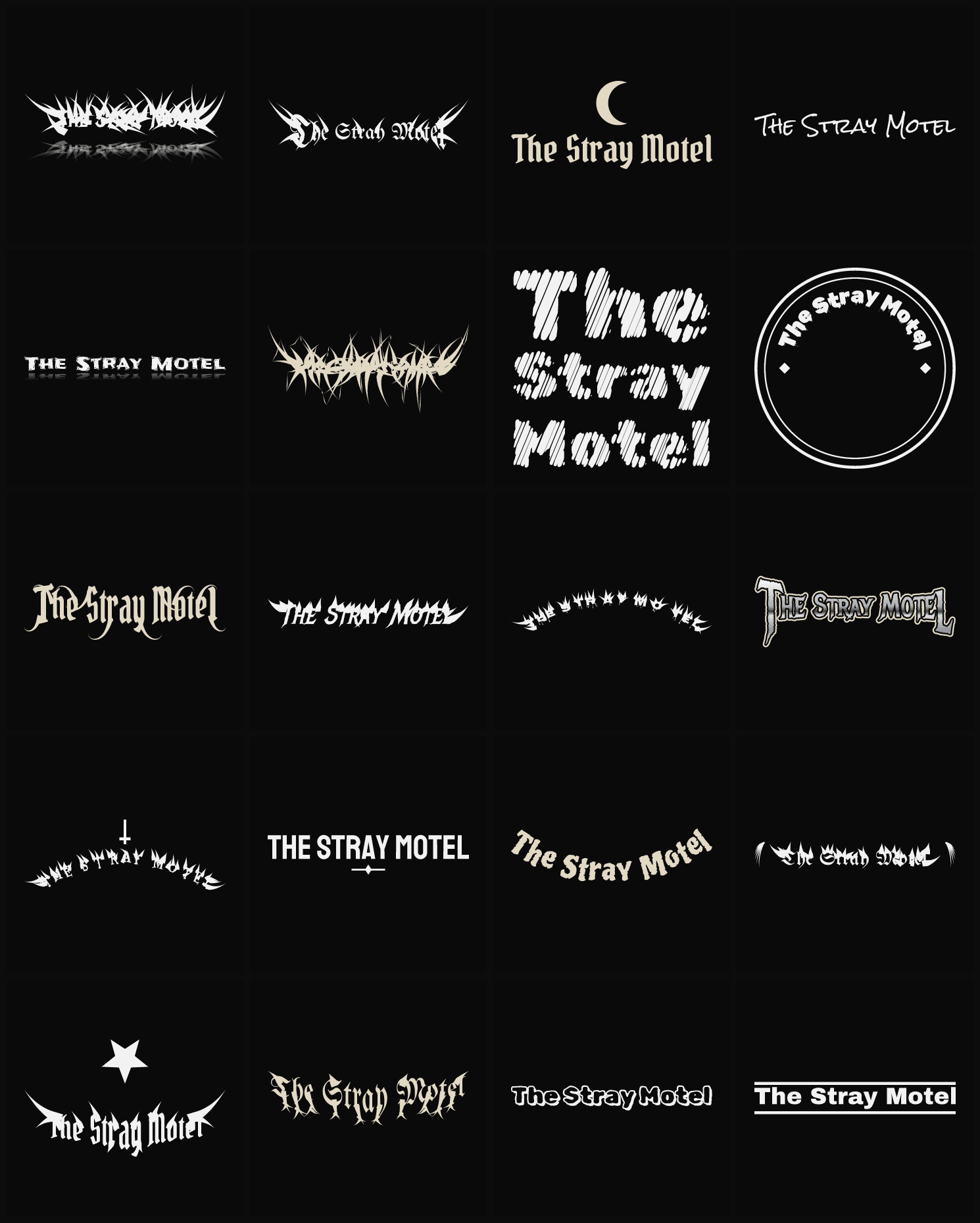 Twenty The Stray Motel band logo ideas — different faces, treatments and spike settings