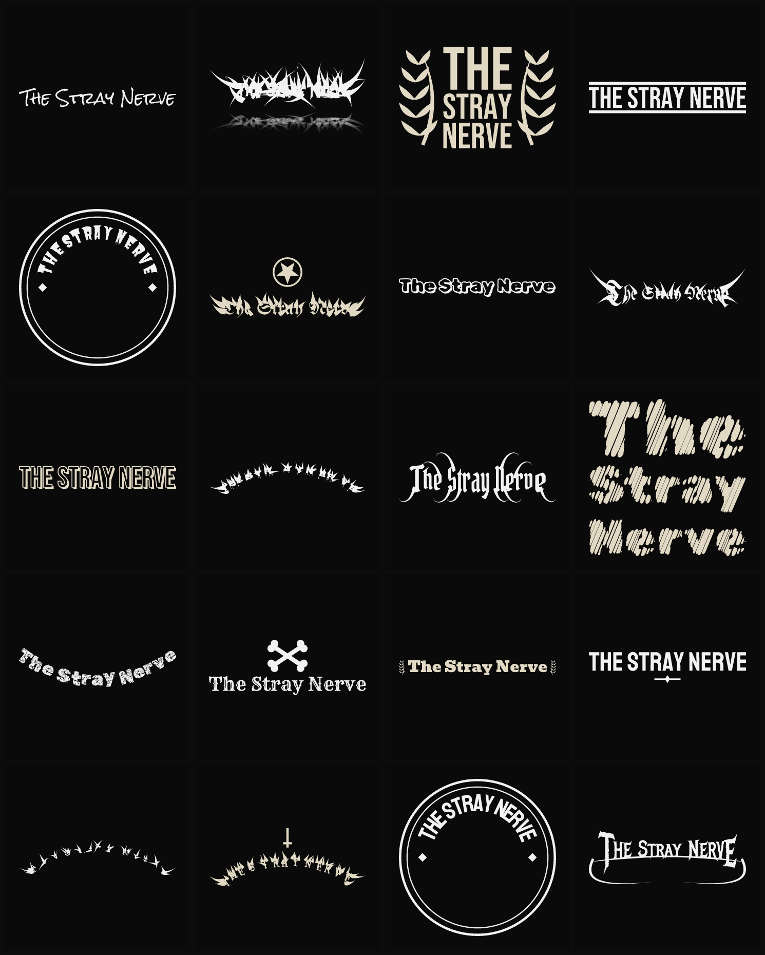 Twenty The Stray Nerve band logo ideas — different faces, treatments and spike settings