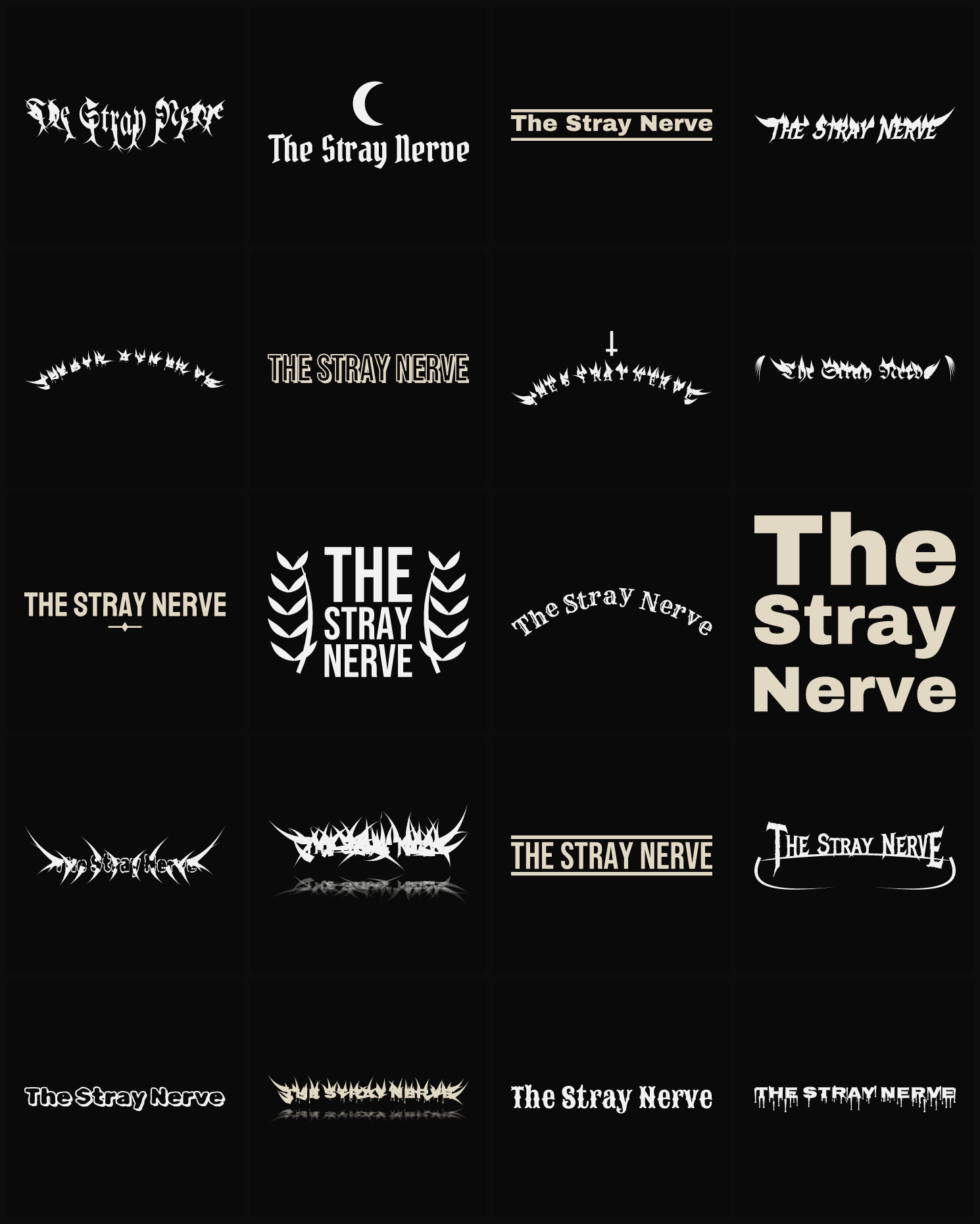 Twenty The Stray Nerve band logo ideas — different faces, treatments and spike settings