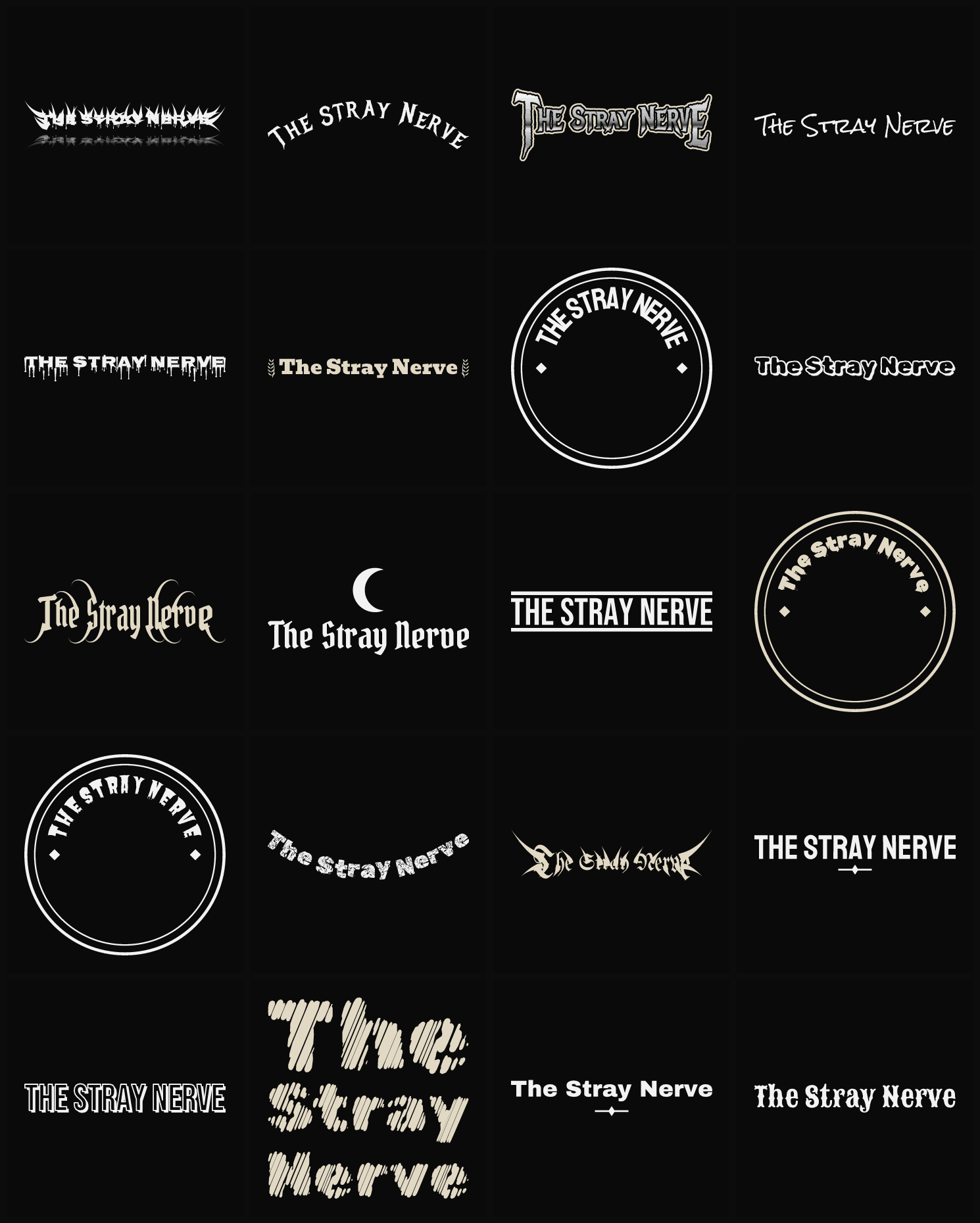 Twenty The Stray Nerve band logo ideas — different faces, treatments and spike settings