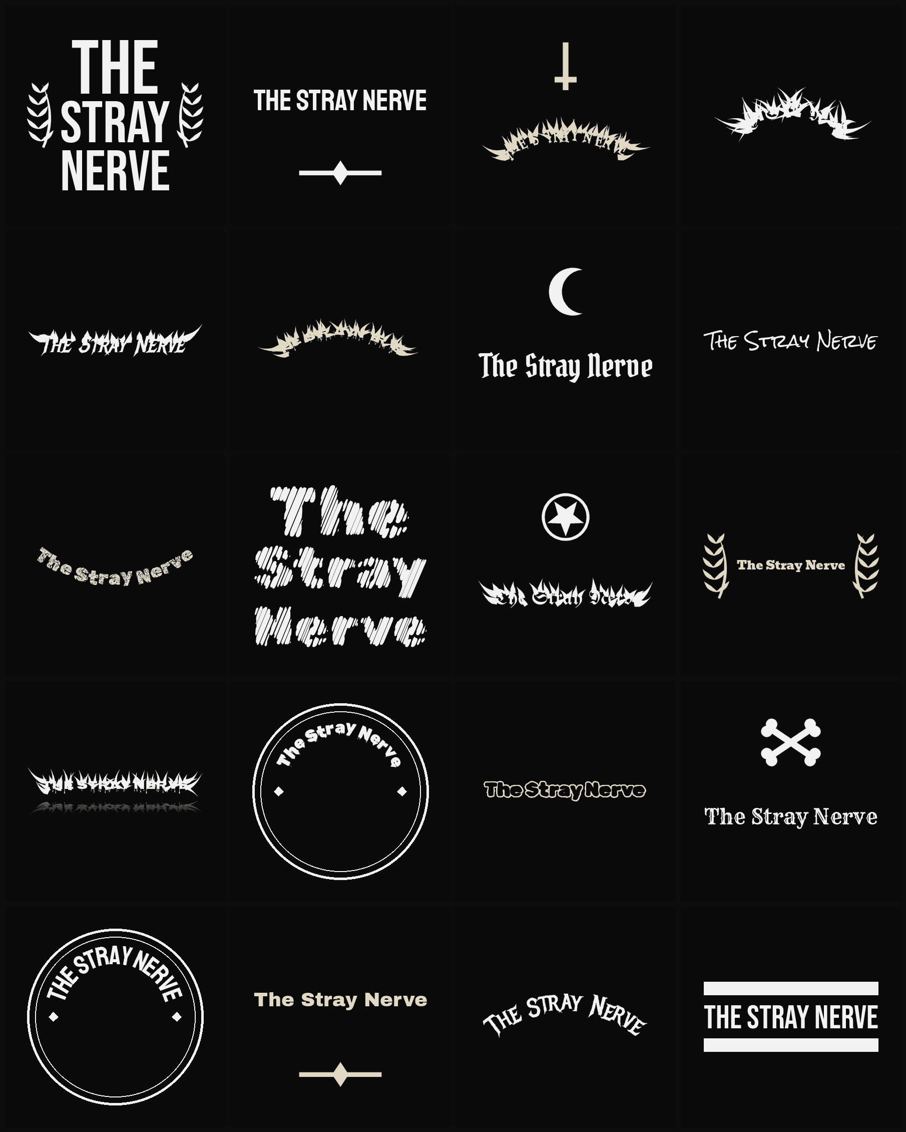 Twenty The Stray Nerve band logo ideas — different faces, treatments and spike settings