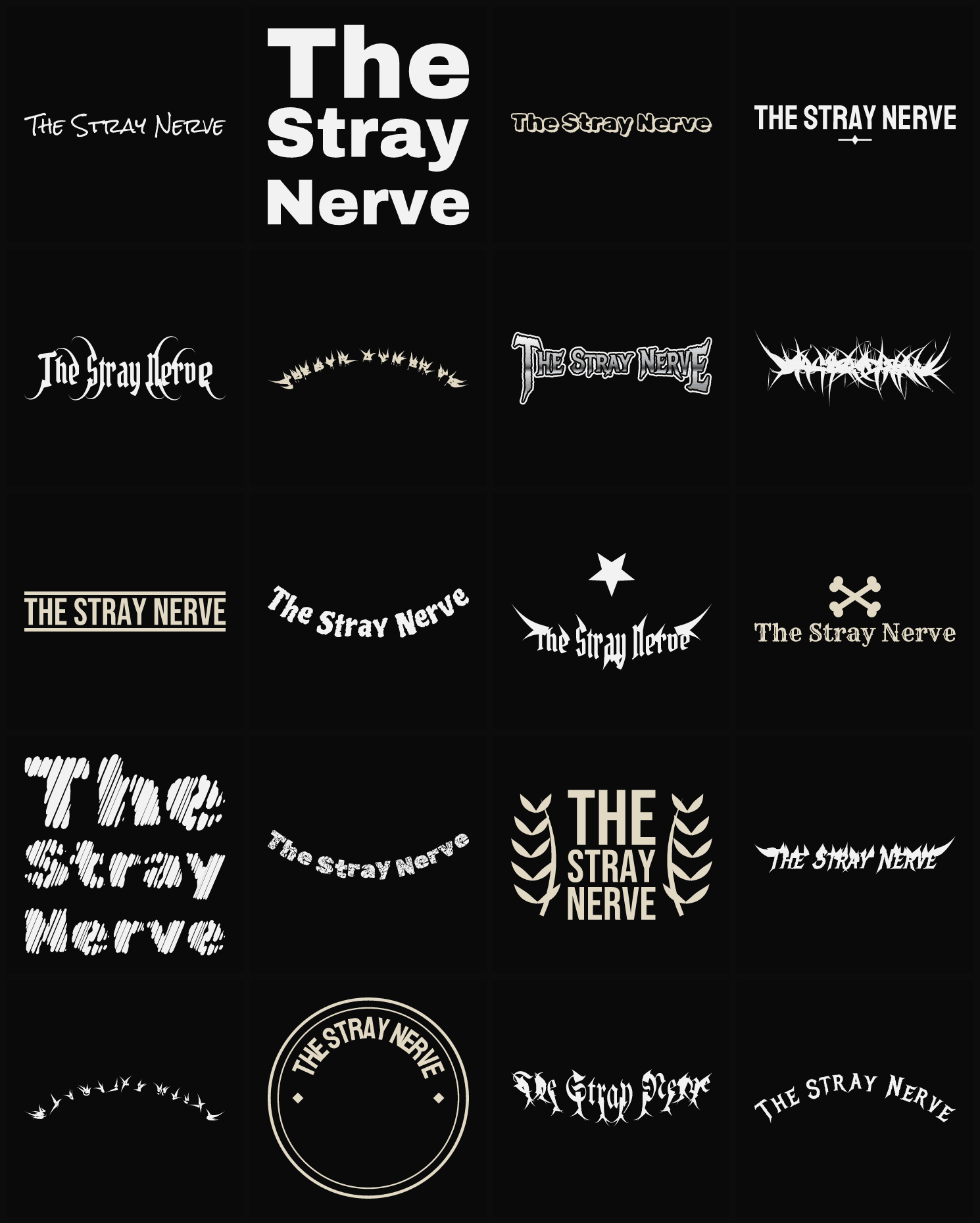Twenty The Stray Nerve band logo ideas — different faces, treatments and spike settings