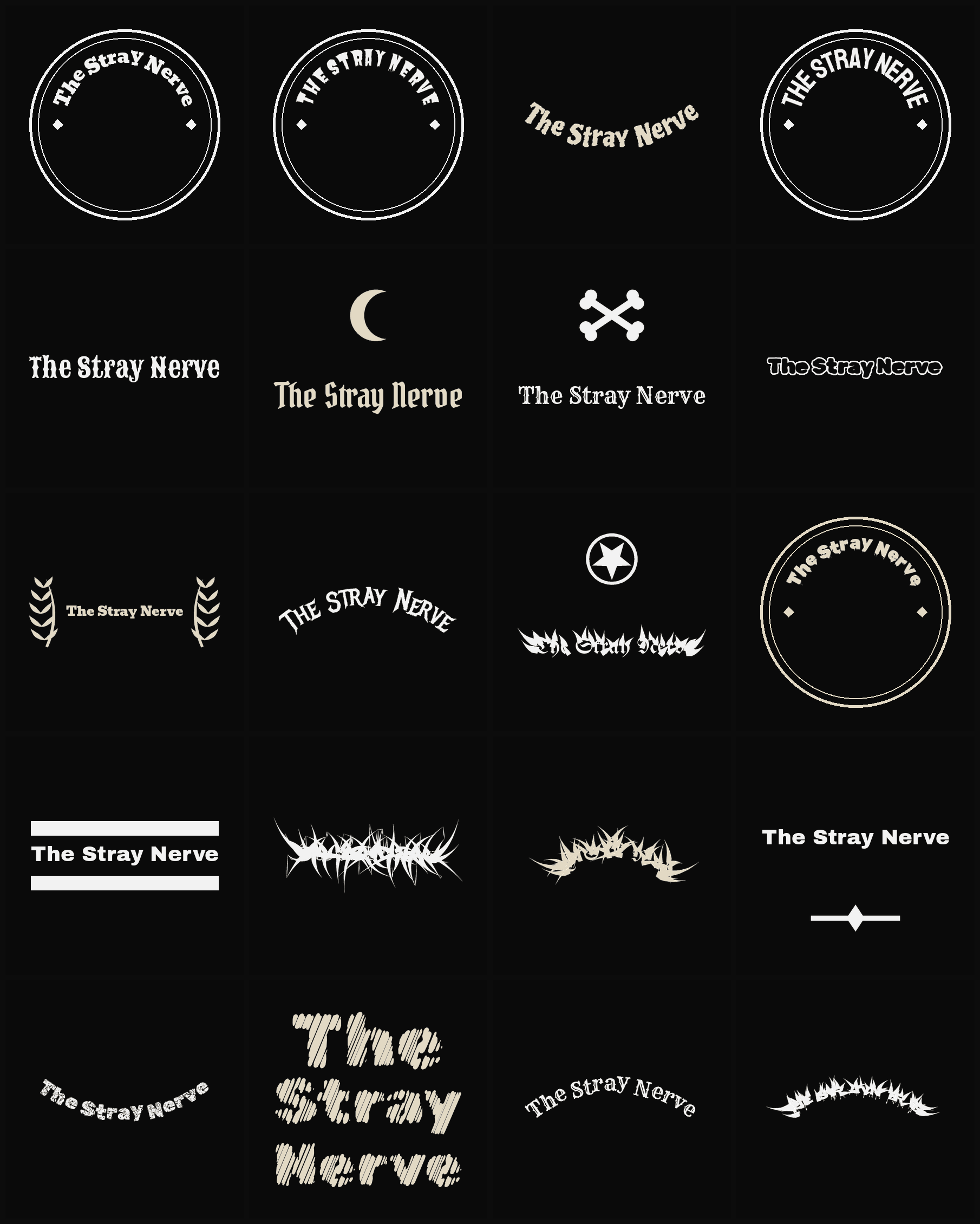 Twenty The Stray Nerve band logo ideas — different faces, treatments and spike settings